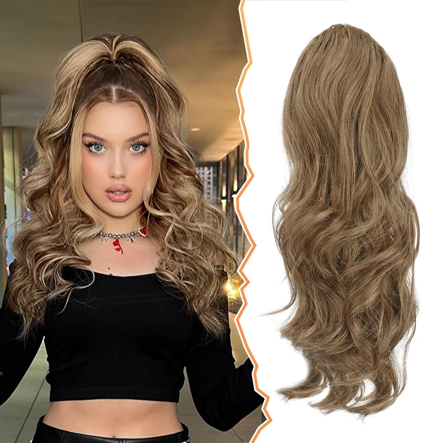 Highlight Ponytail Extension - 20 Inch Curly Wavy Drawstring Hairpiece for Women | Ash Brown & Blonde