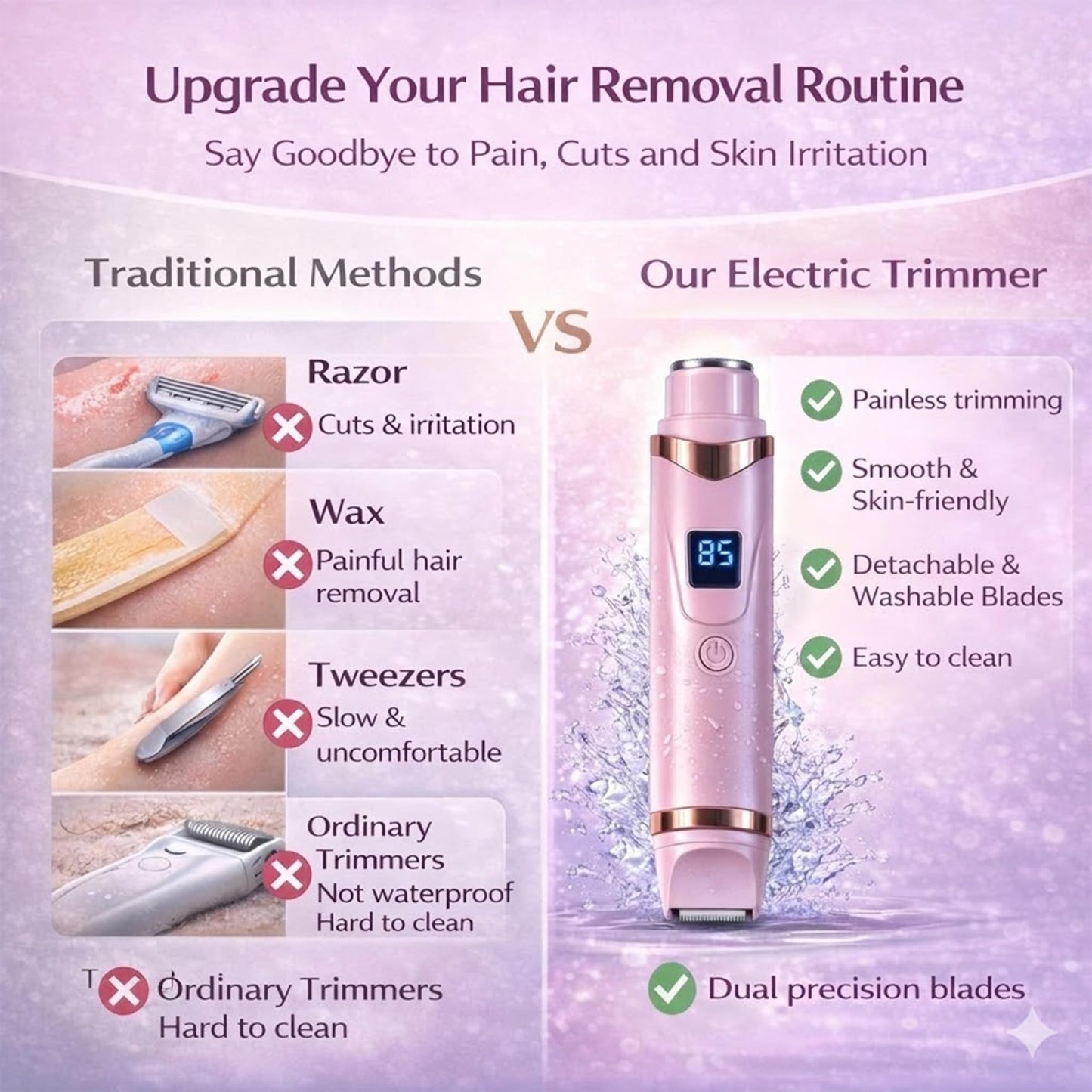 Painless Electric Bikini Trimmer for Women, Wet & Dry Use Dual Head Electric Shaver for Private Area, 2-in-1 Bikini Trimmer for Silky Skin Body Hair Underarm Leg Arm