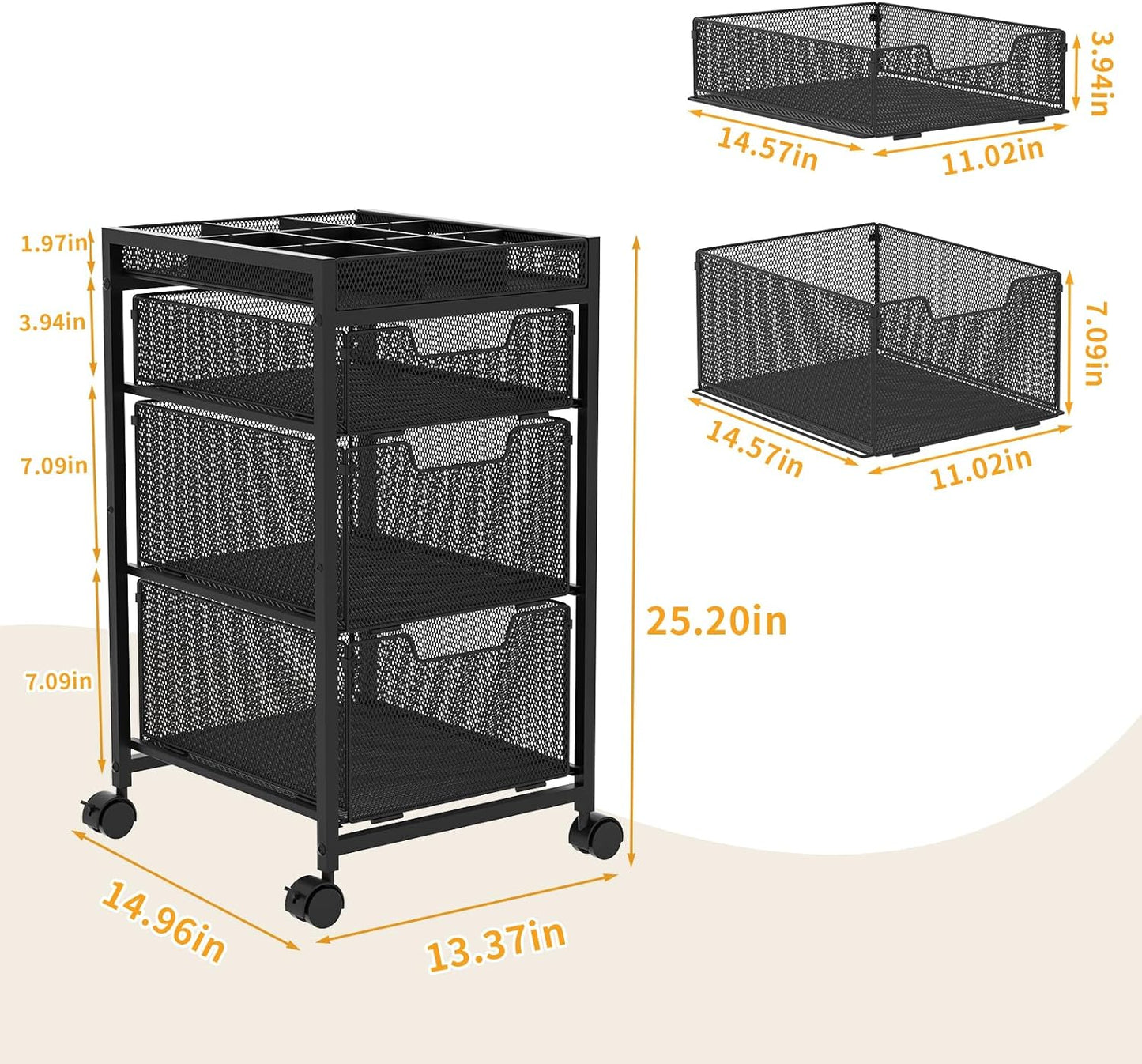 Rolling Makeup Cart Organizer - 3 Drawer Cosmetics Storage with Wheels | Versatile Vanity Organizer for Skincare & Beauty Tools - Black