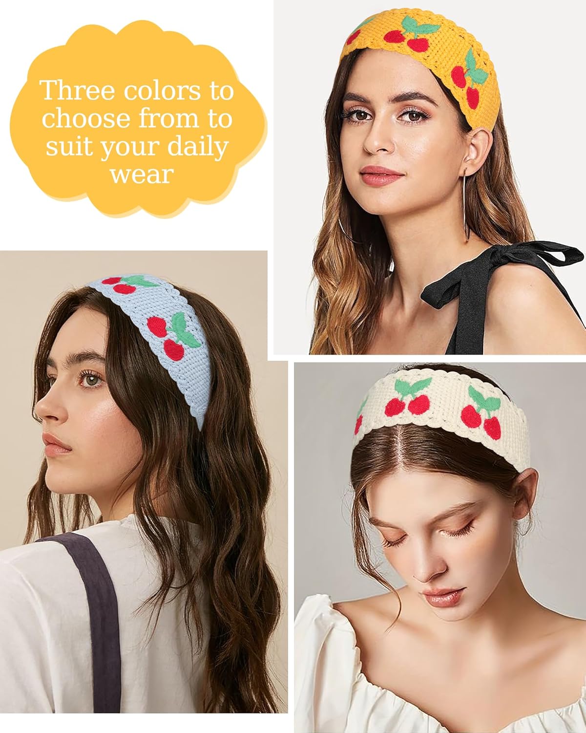 Hippie Hair Bandanas for Women - Boho Knit Headbands | Floral Head Wraps in Beige, Blue & Yellow