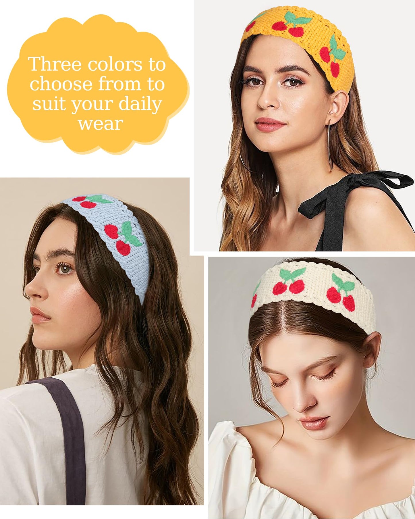 HAIMEIKANG Hippie Hair Bandanas Headbands for Women Boho Headband Knit Hair Bands Floral Head Wrap for Girls(Beige + Blue + Yellow)