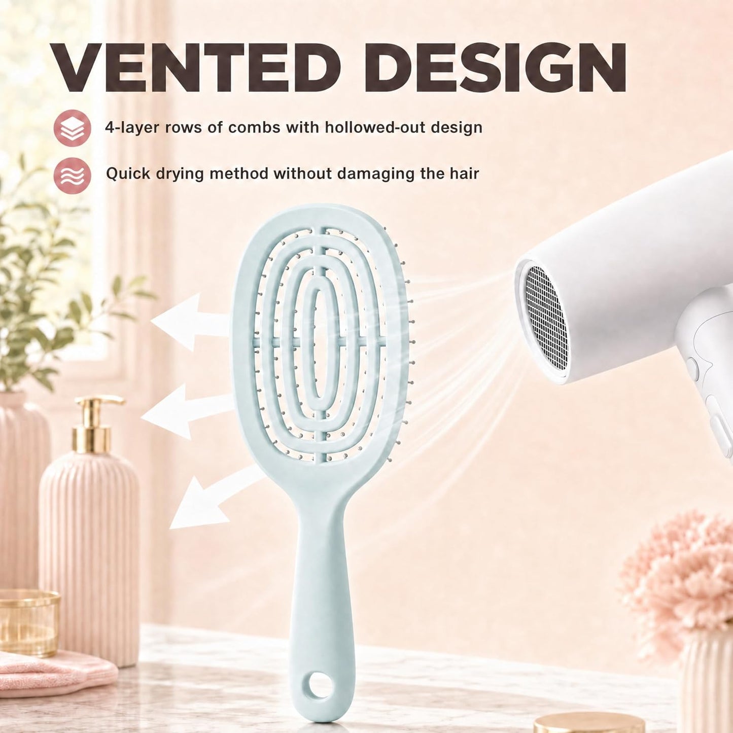 Self-Cleaning Hair Brush - Curved Vented Design for Fast Blow Drying | Mint Green, Ideal for All Hair Types