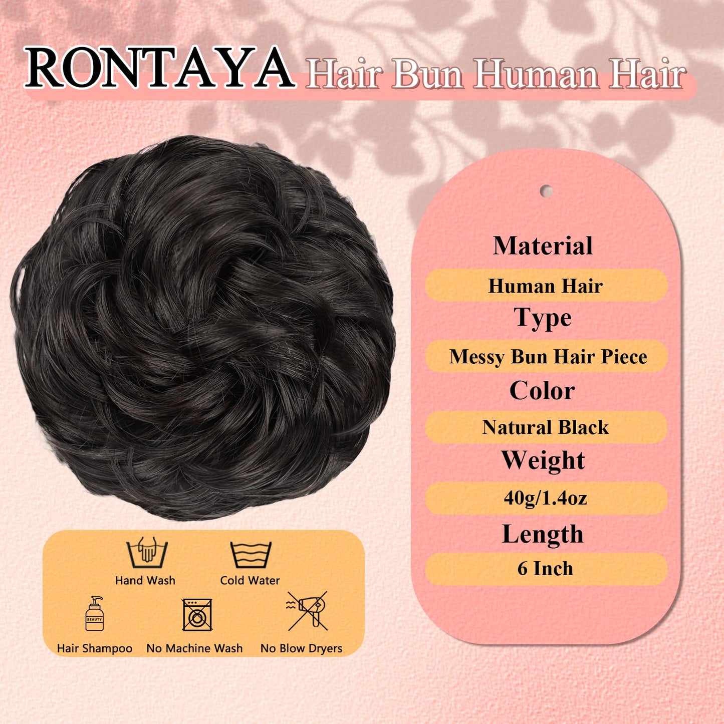 RONTAYA Messy Bun Hair Piece Real Human Hair Buns Elastic Thick Soft Fluffy Donut Updo Ponytail Extensions Chignons Hairpieces for Women Natural Black