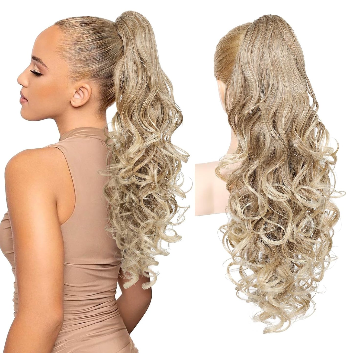 Ponytail Extension - 24" Claw Clip In Long Curly Wavy Hairpiece | Medium Blonde with Highlights