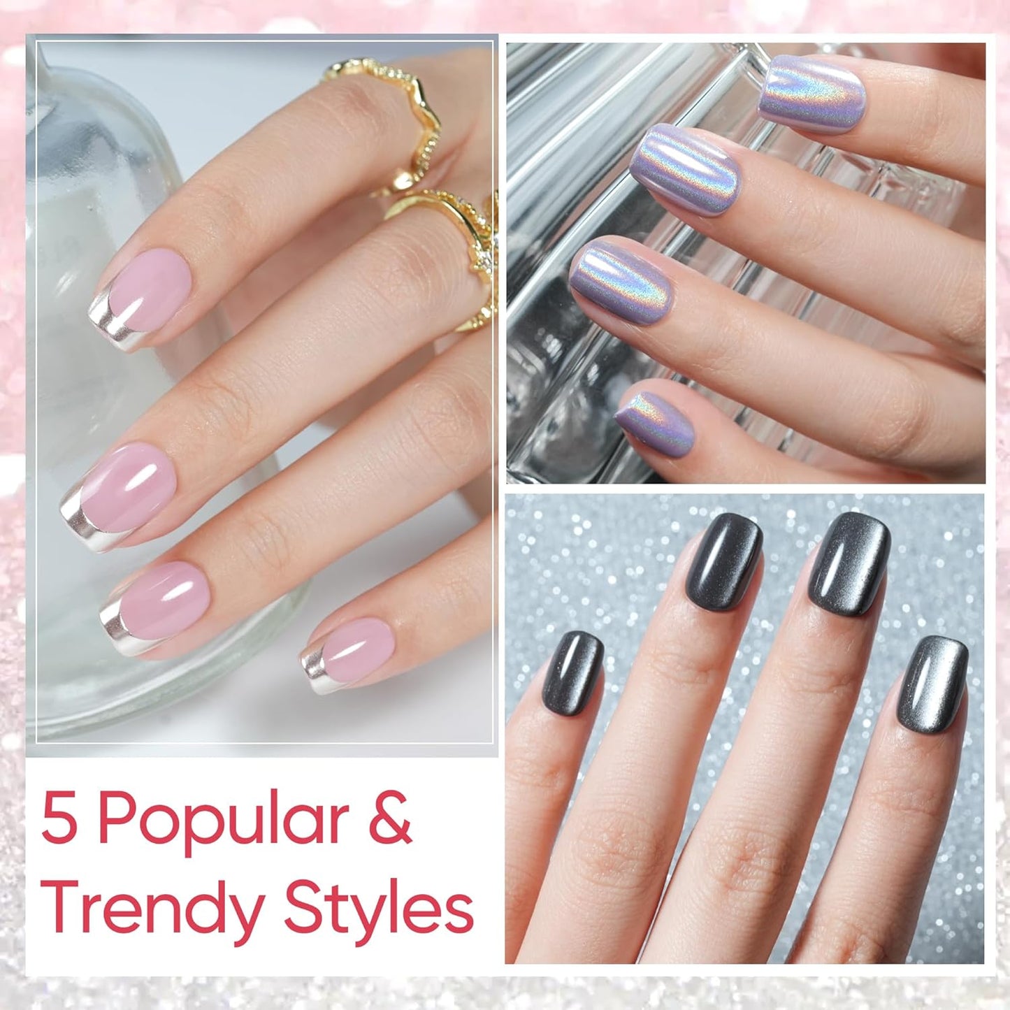 Press On Nails - Short 5 Styles | 160Pcs Acrylic Fake Nails with Chrome, Rainbow & Cat Eye Designs