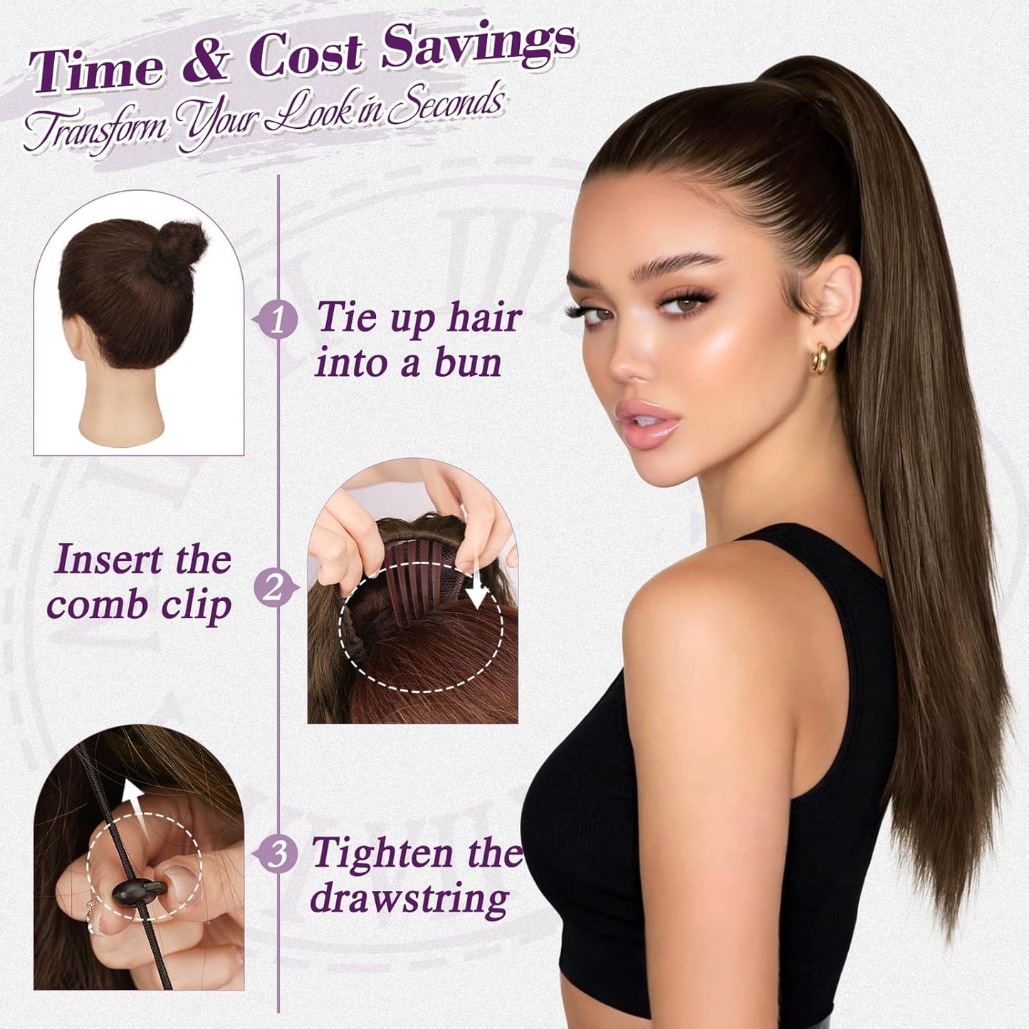 Brown Straight Drawstring Ponytail Extension - 22 Inch Natural-Looking Soft Synthetic Hairpiece | Fluffy Cheer Ponytail