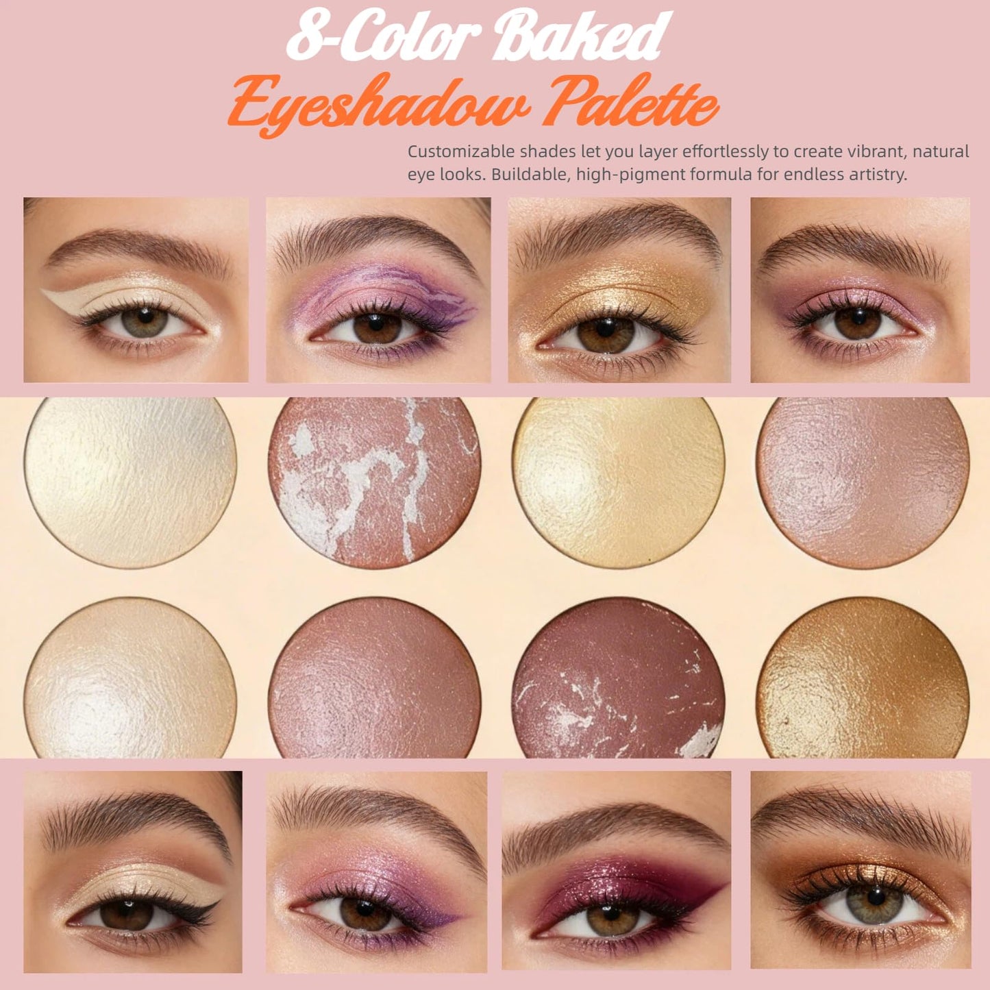 All-in-One Baked Makeup Palette,High-Pigment Eyeshadow, Blush, Bronzer & Highlighter. Buildable, Long-Lasting Formula with Rose Gold & Golden Shimmer. Travel-Friendly full face makeup palette.