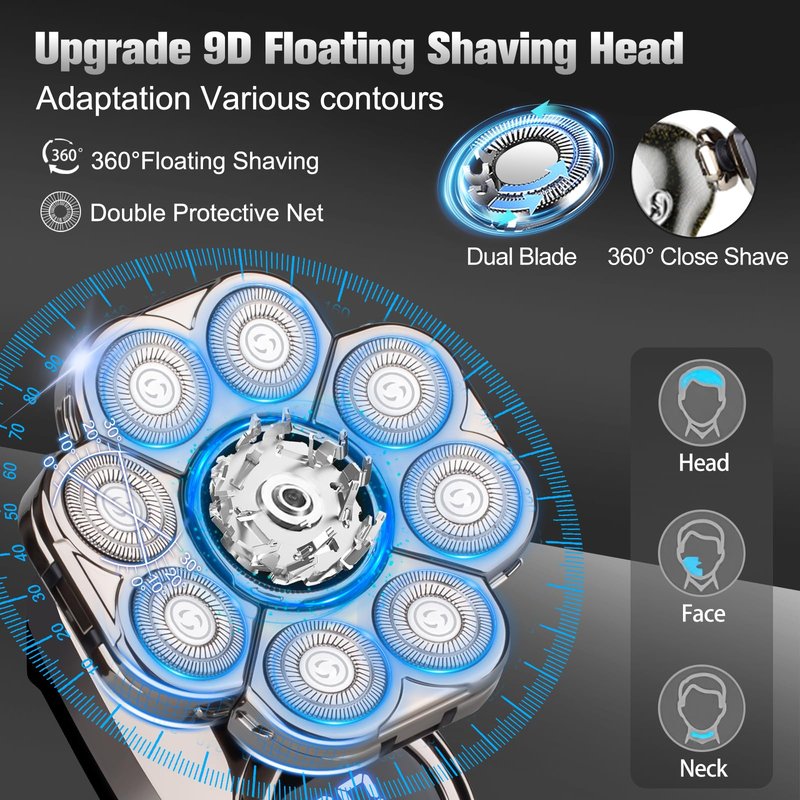 9D Electric Head Shaver for Bald Men, Upgraded 5-in-1 Waterproof Wet/Dry Grooming Kit Electric Shaver for Men, Cordless Rechargeable Bald Head Razor for Home&Travel