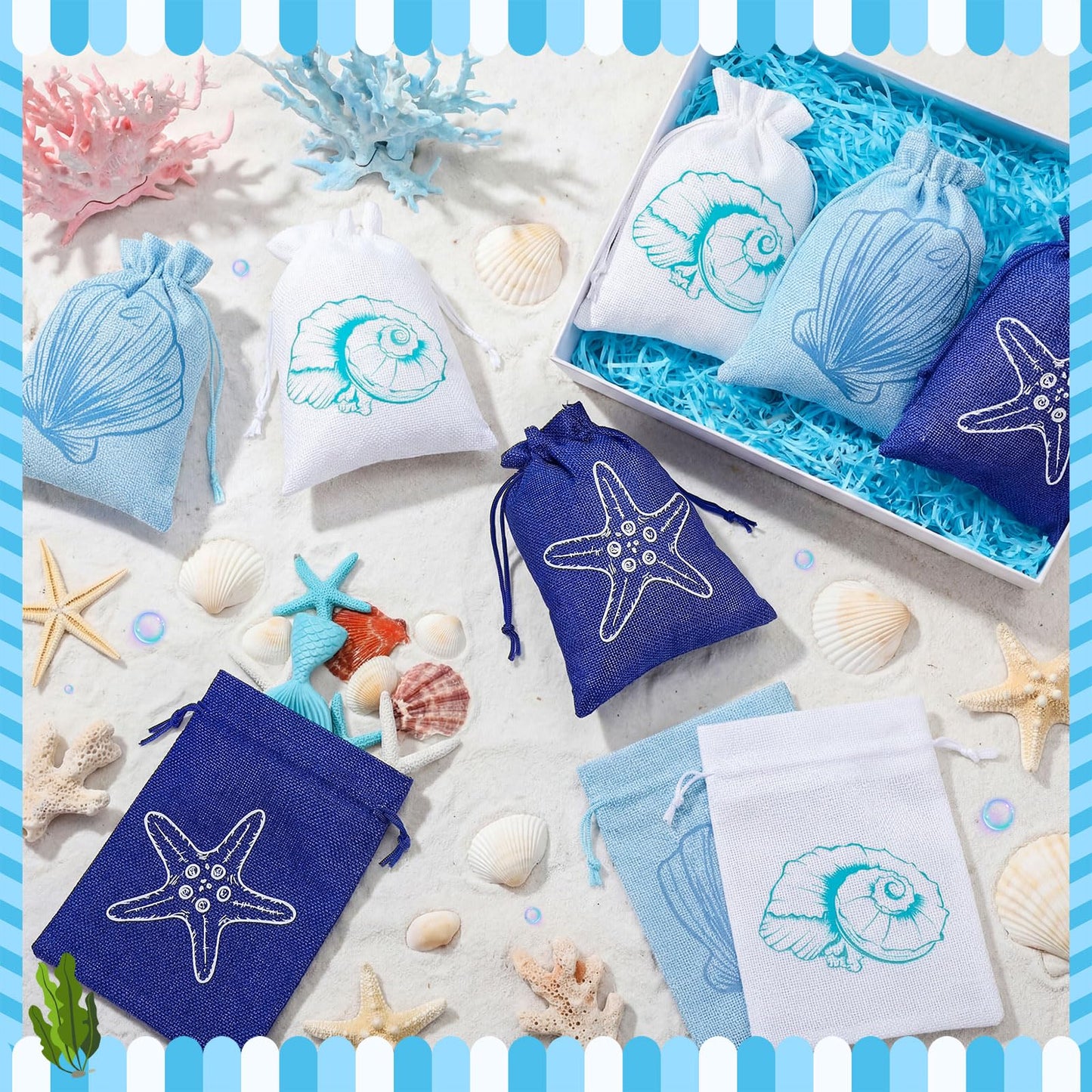 Abbylike 24 Pcs Blue Beach Seashell Burlap Gift Bags Bulk 5 x 7 Inch Starfish Conch Scallop Party Favors Coastal Reusable Drawstring Goodie Bags for Ocean Under The Sea Wedding Party Decor Supplies