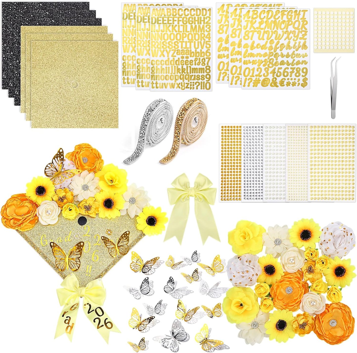 DIY Graduation Cap Decorations Kit - 68 Pcs Faux Flowers, 3D Butterflies, Rhinestones & Alphabet Stickers | Yellow