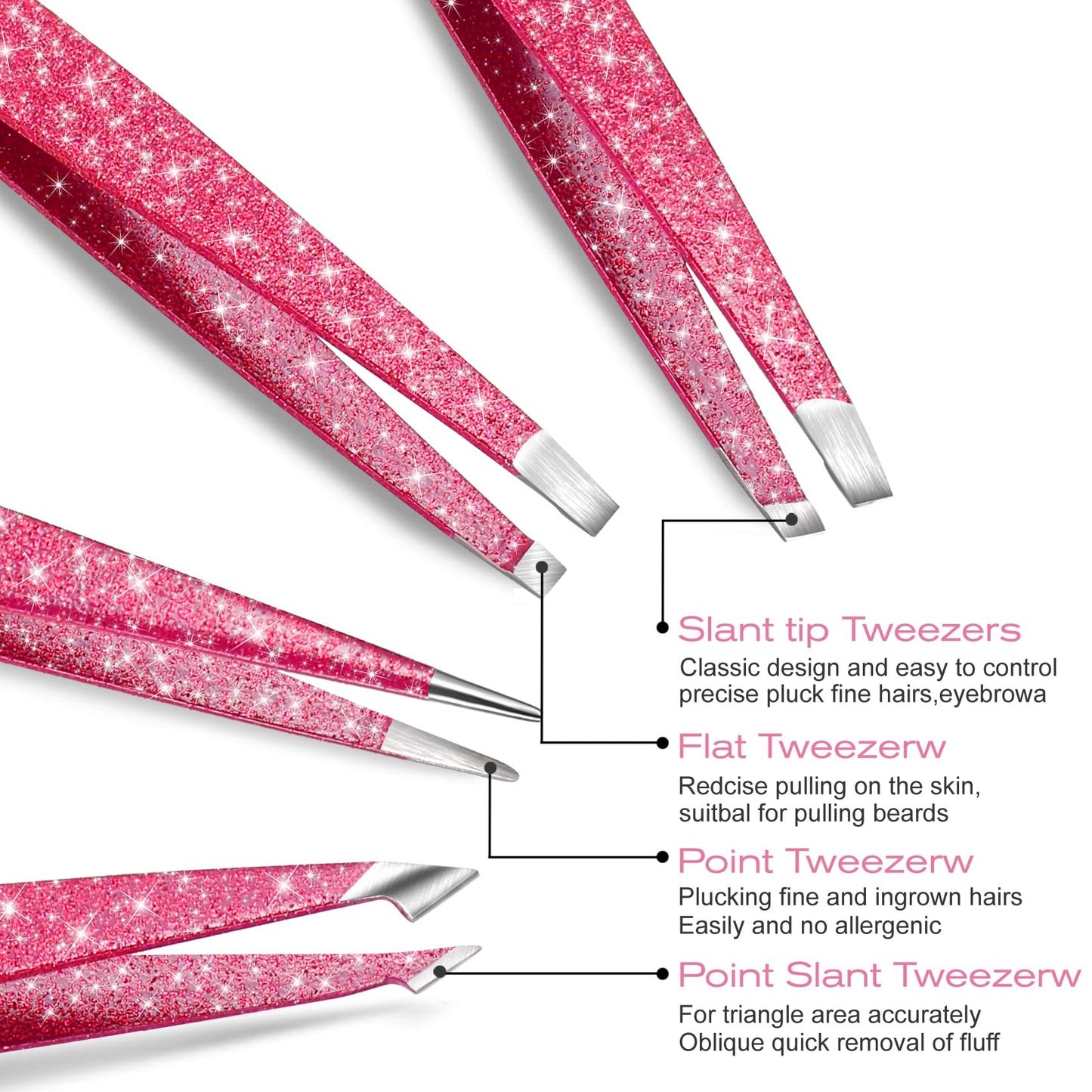 FungChoi 4-Pcs Glitter Stainless Steel Precision Tweezer Set for Eyebrows, Ingrown Hair & Lash Extensions (Rose Red)
