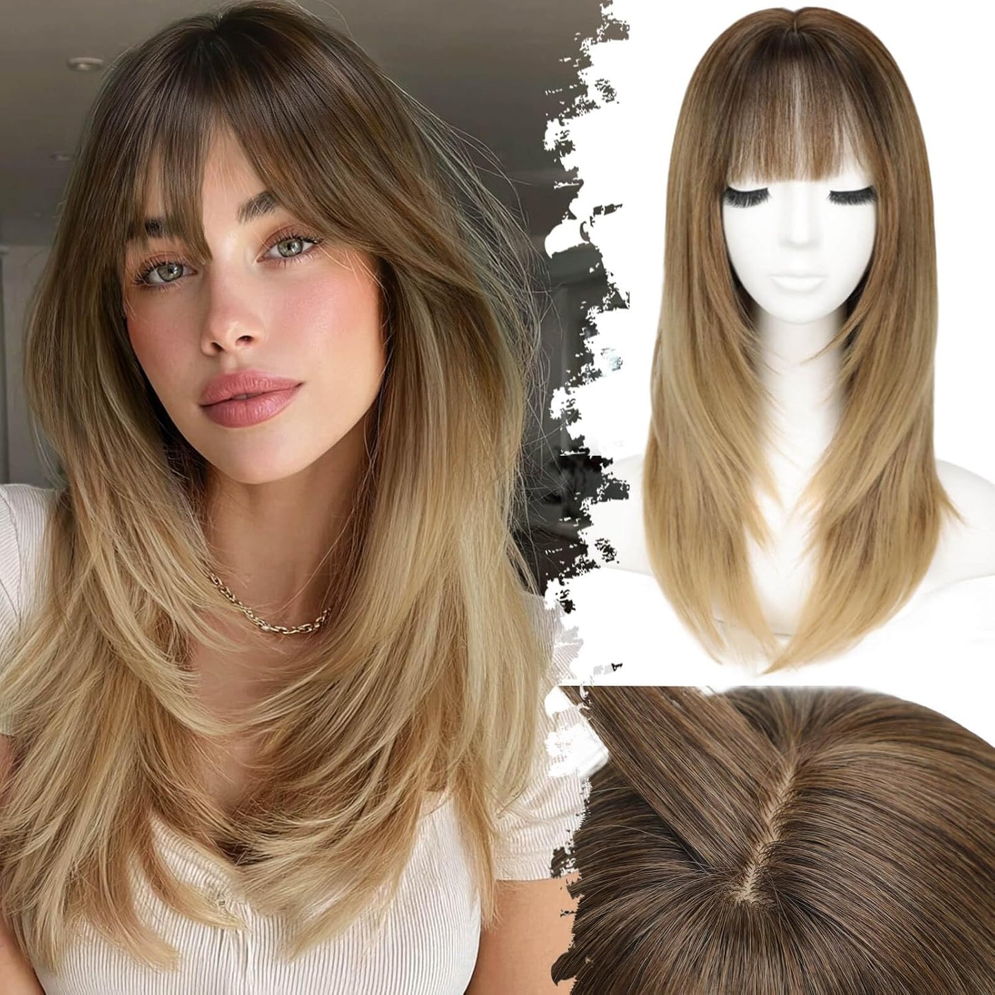 Beginner-Friendly Ash Blonde Wig with Bangs - 4x4 Glueless Synthetic Hair, Medium Length, Face-Framing Layers