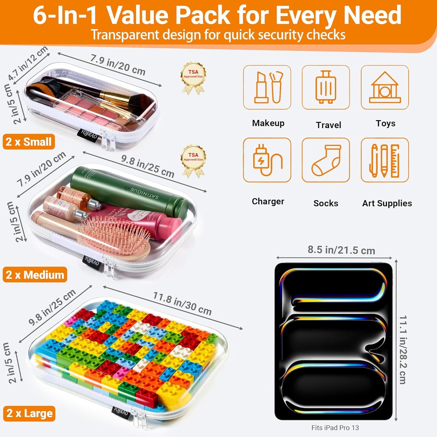 Clear Hard Shell Zipper Case Set - 6 Pack Heavy Duty Crush-Proof Diaper Bag Organizer Pouches | TSA Approved Travel Makeup & Toiletries Bags (2L, 2M, 2S)