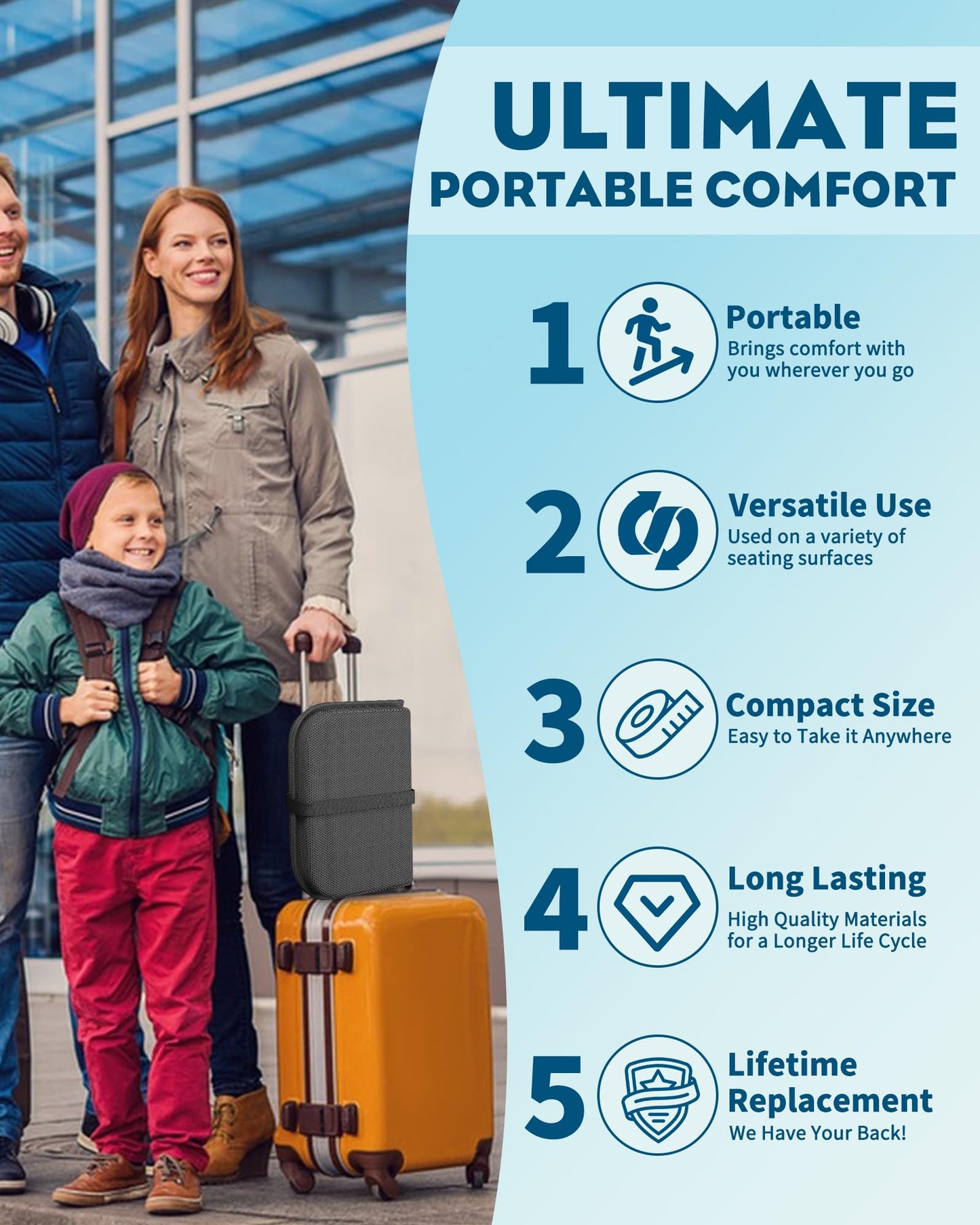 Rexley Gel Travel Seat Cushion, Portable Airplane Seat Cushion, 14.5" x 10.5" Foldable for Airplane Seats, Office Chair, Camping, Bleachers, Flights, Commute