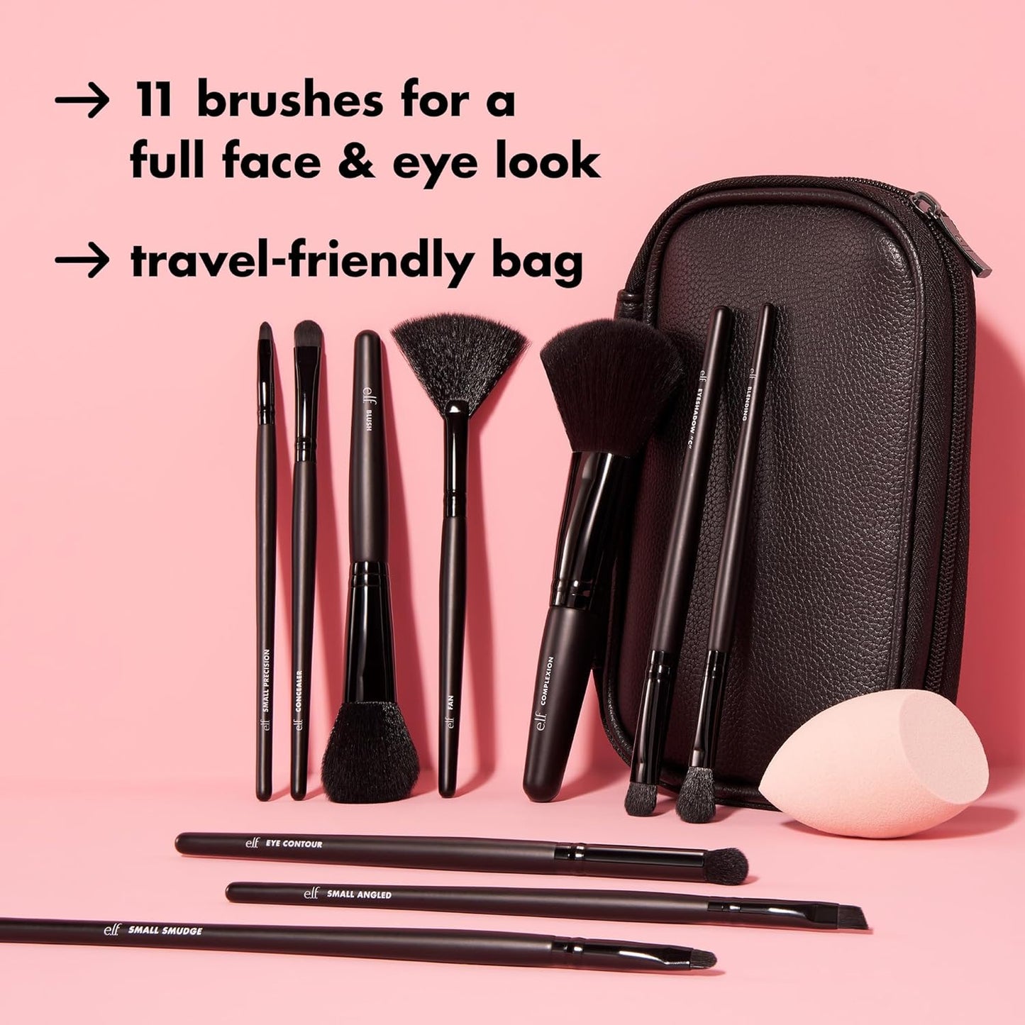e.l.f. Full Face & Eye Makeup Brush Set - 11 Vegan Brushes with Travel Case for Flawless Makeup Application
