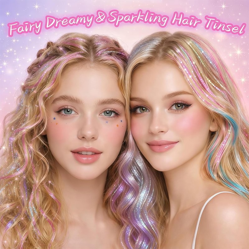 Clip In Hair Tinsel Kit - 26 Inch Colorful Glitter Extensions for Girls & Women | Heat Resistant Sparkly Hair Accessories (Rainbow & Gold)