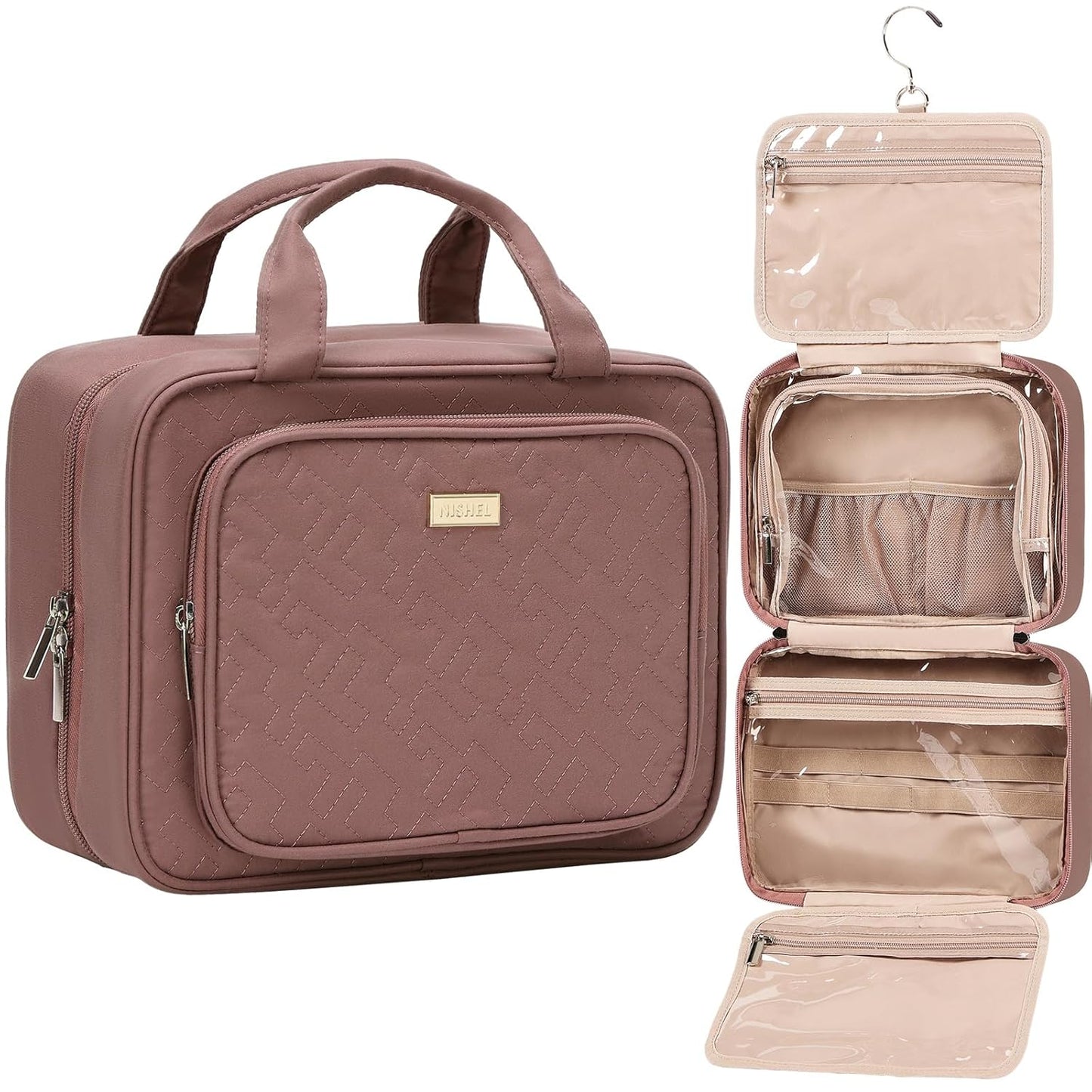 NISHEL Travel Toiletry Bag - Large Pink Makeup Organizer | Hanging Case for Accessories & Cosmetics
