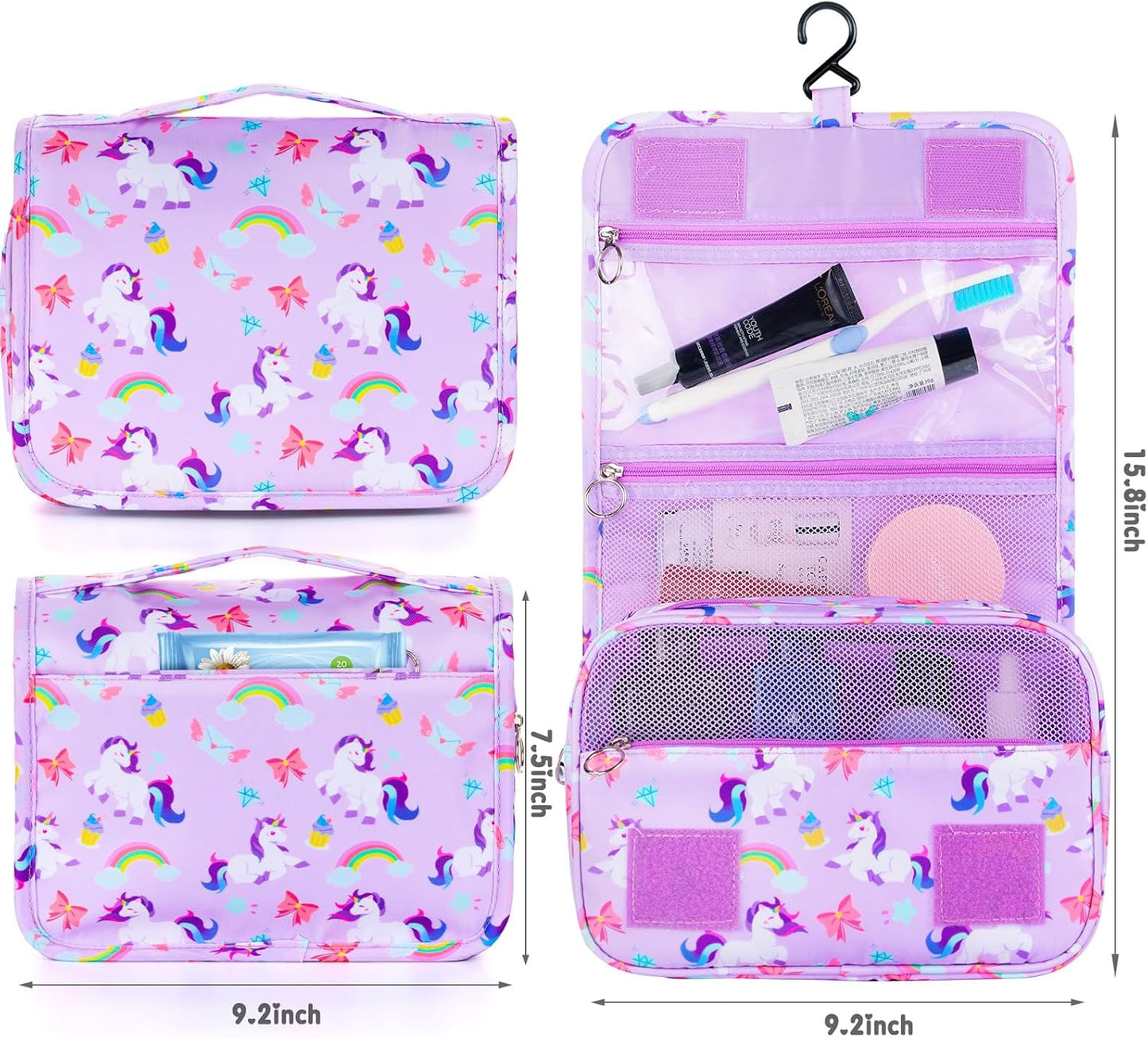 Kids Hanging Toiletry Bag - Waterproof Travel Makeup Organizer for Girls | Unicorn Purple