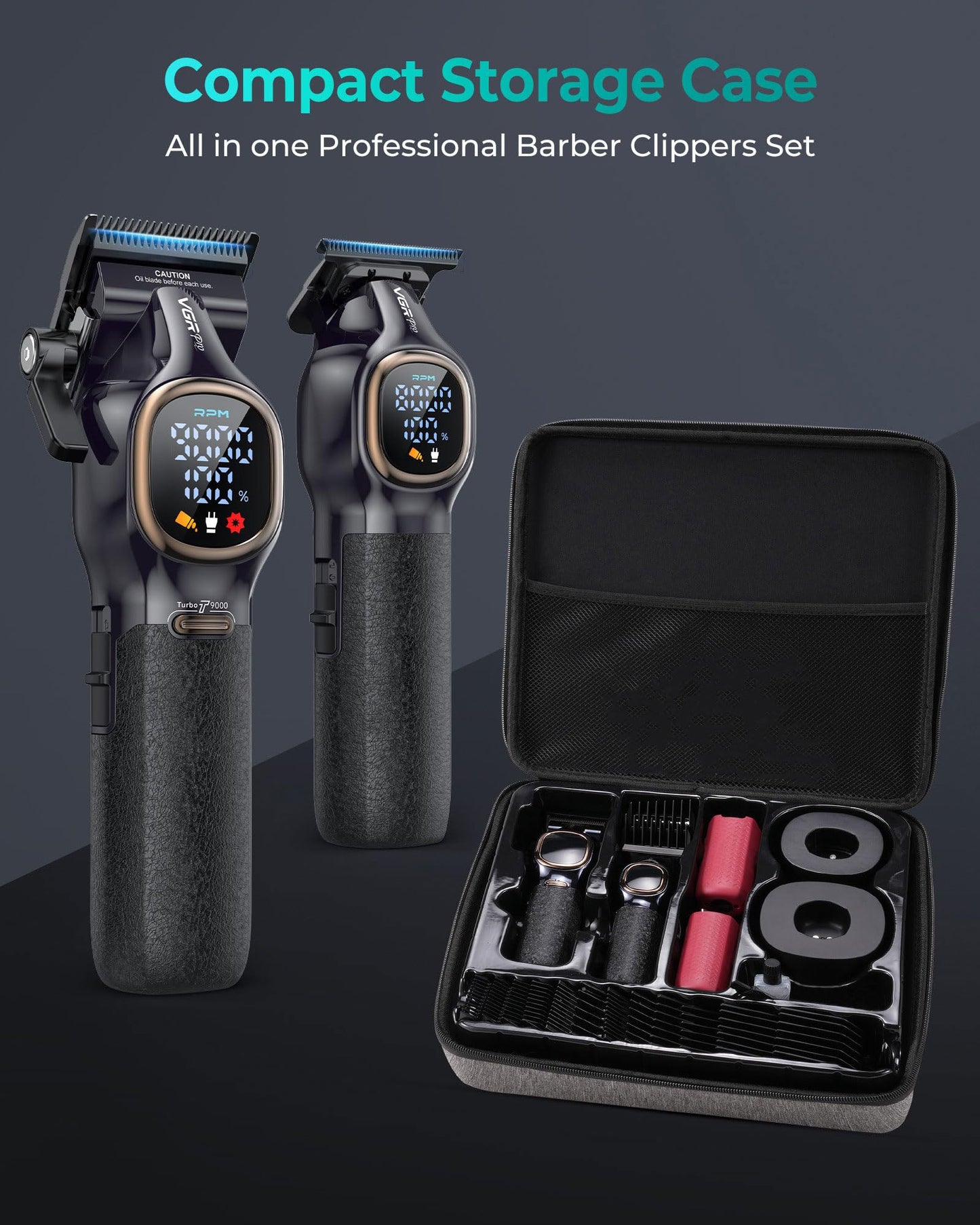 VGRPRO Professional Hair Clippers for Men, Professional Barber Clippers and Trimmer Set, Cordless Hair Clippers for Hair Cutting with Package Case, Powerful 9000 PRM Rechargable Electric Clippers