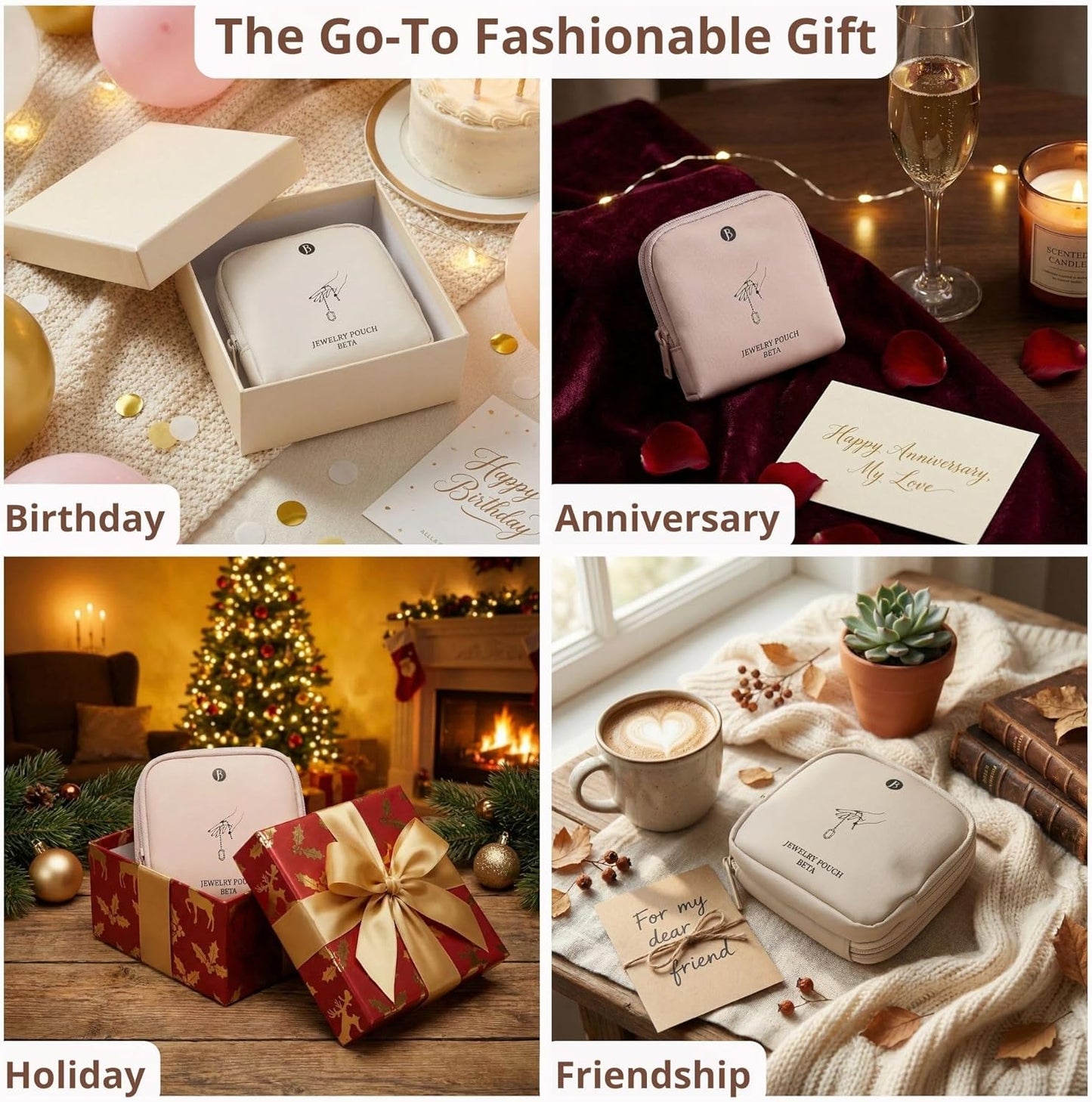 Travel Jewelry Case - Tangle-Free Waterproof Organizer for Women | Beige Double Zipper Gift Box