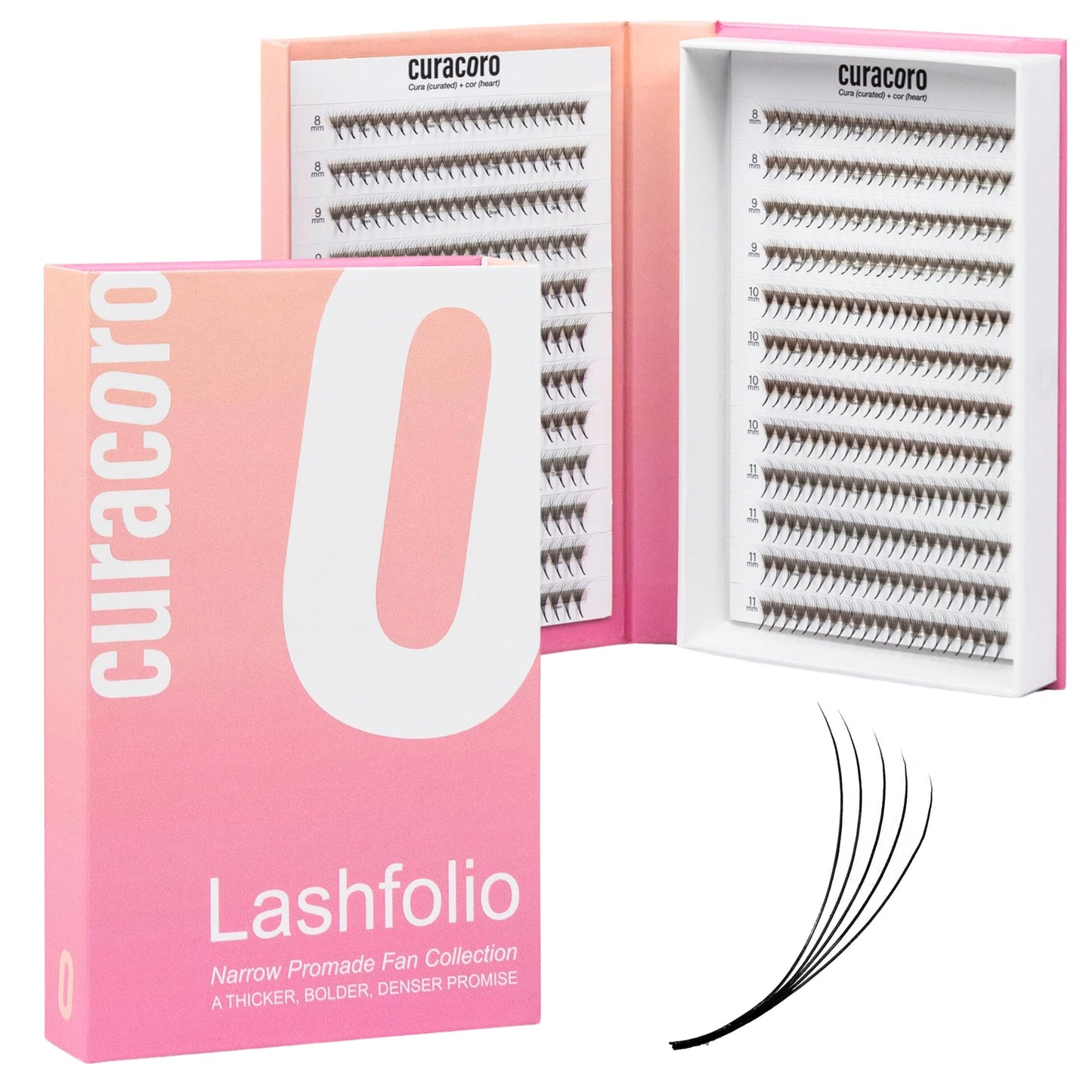 Curacoro LashFolio Narrow Promade Fans, 5D-0.07 D Curl, 11mm Length, Handmade Volume Eyelashes, Professional Long-Lasting Promade Lash Fans