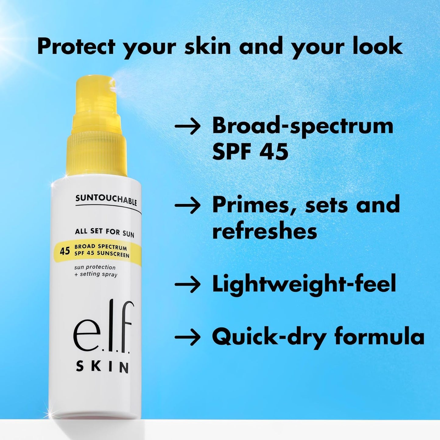 e.l.f. SKIN All Set For Sun SPF 45 Setting Spray - Clear Makeup Mist & Sunscreen, Vegan Face Protection