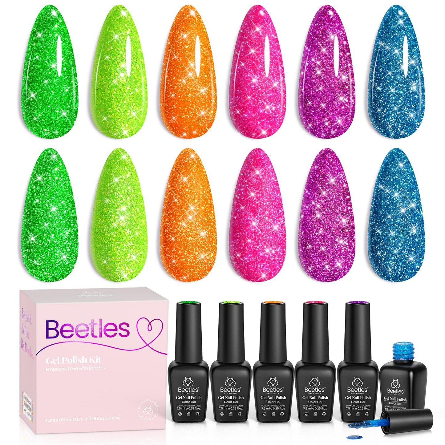 Beetles Glitter Gel Nail Polish Set, Neon Carnival Reflective Gel Polish