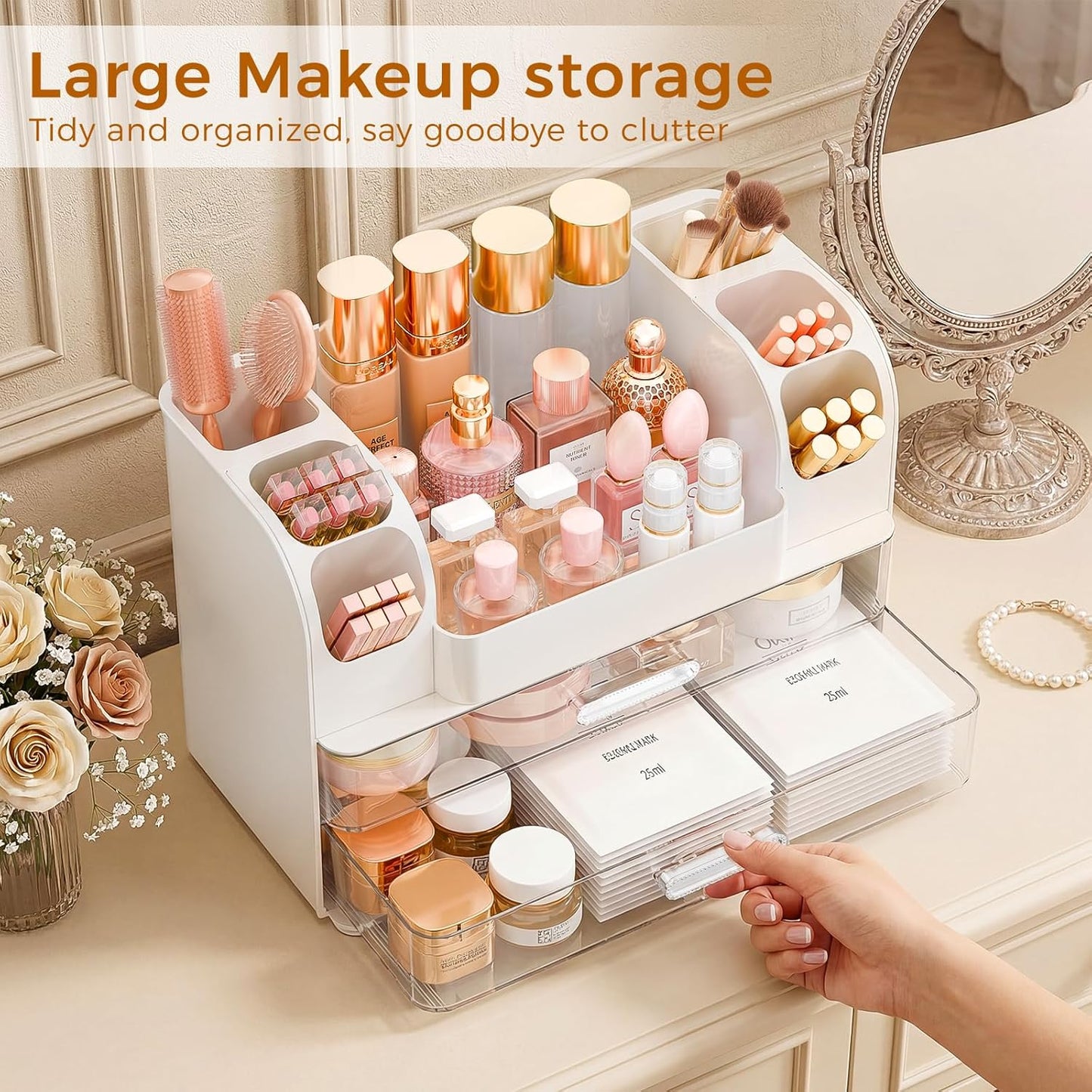 Makeup Organizer - Large Vanity Storage with Drawers | Skincare, Brush Holder & Perfume Display (White)