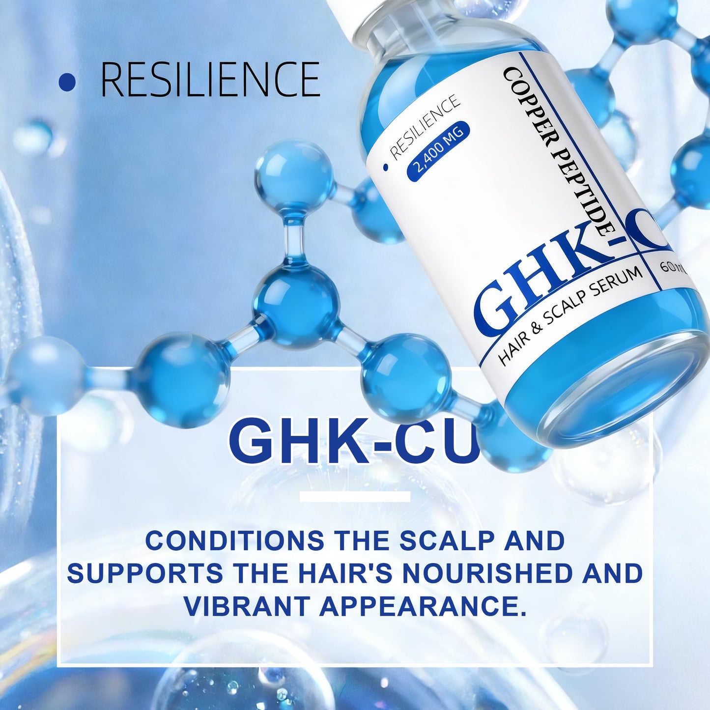 GHK-Cu Copper Peptide for Hair & Scalp Serum, Hair Growth Serum with Copper Tripeptide-1, Niacinamide, Panthenol, 2400mg Resilience Formula, Strengthens Hair & Scalp, Reduces Hairs Thinning, 60 mL