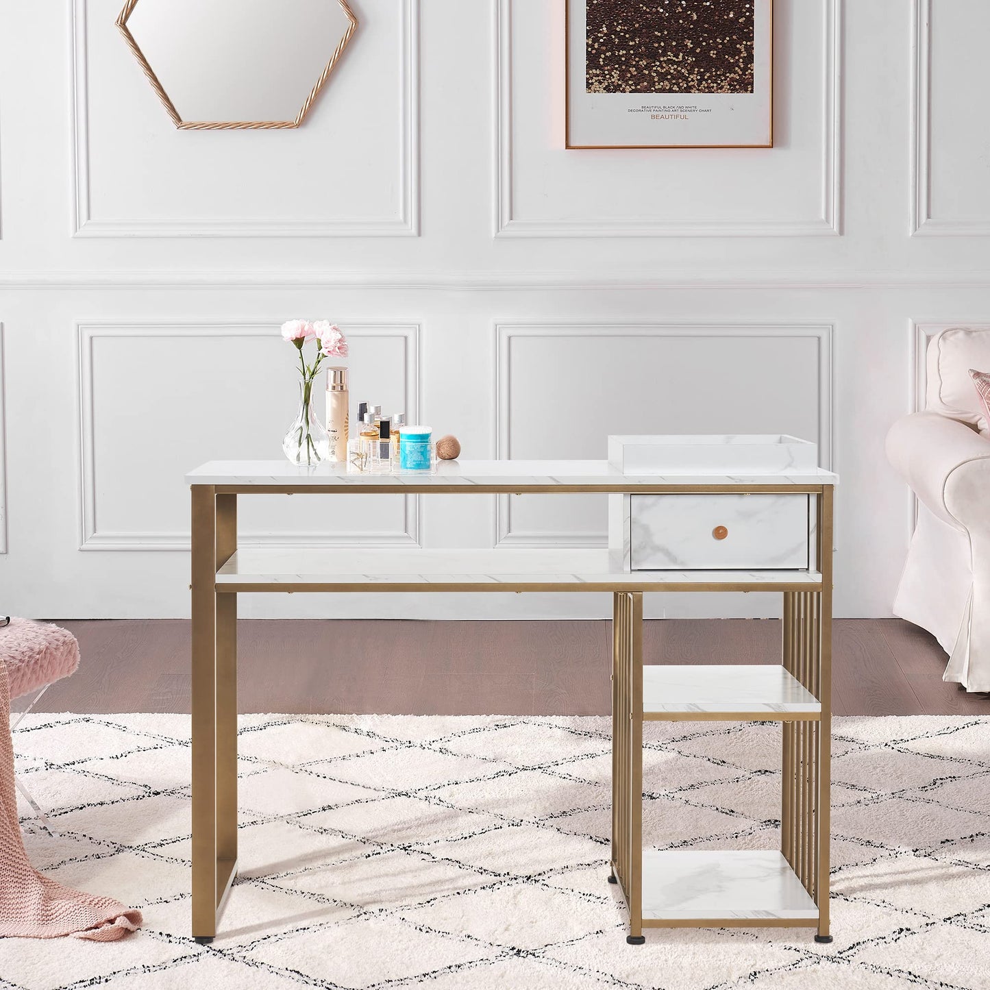 BarberPub Nail Table with Storage Marbling Texture Manicure Desk with Drawer Home Salon Beauty Equipment, 43"(L) x 17.7''(W) x 31.7"(H) 2408 (White)
