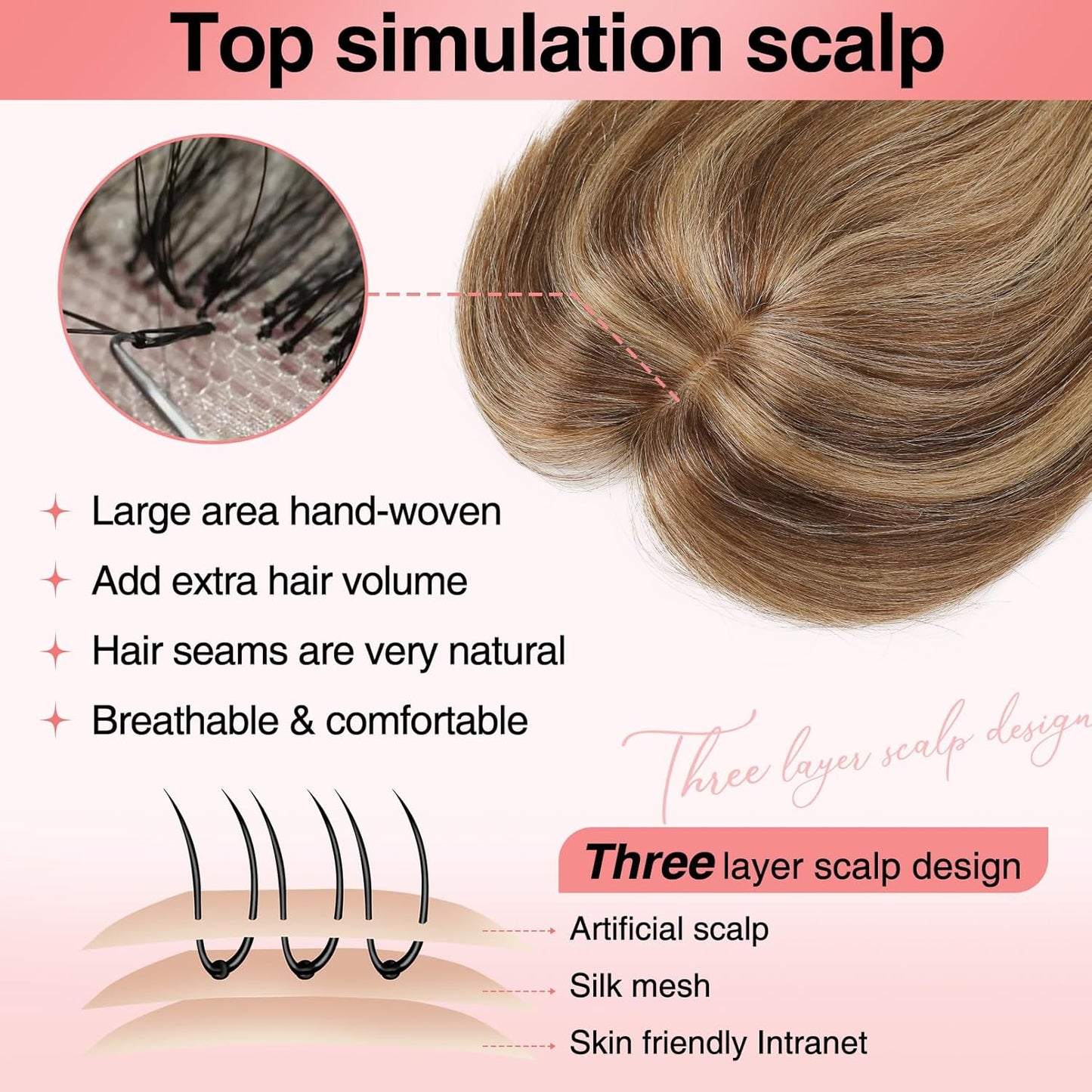 Real Human Hair Toppers for Women - 10 Inch Clip-In Bangs | 150% Density Silk Base - Medium Brown with Blonde Highlights