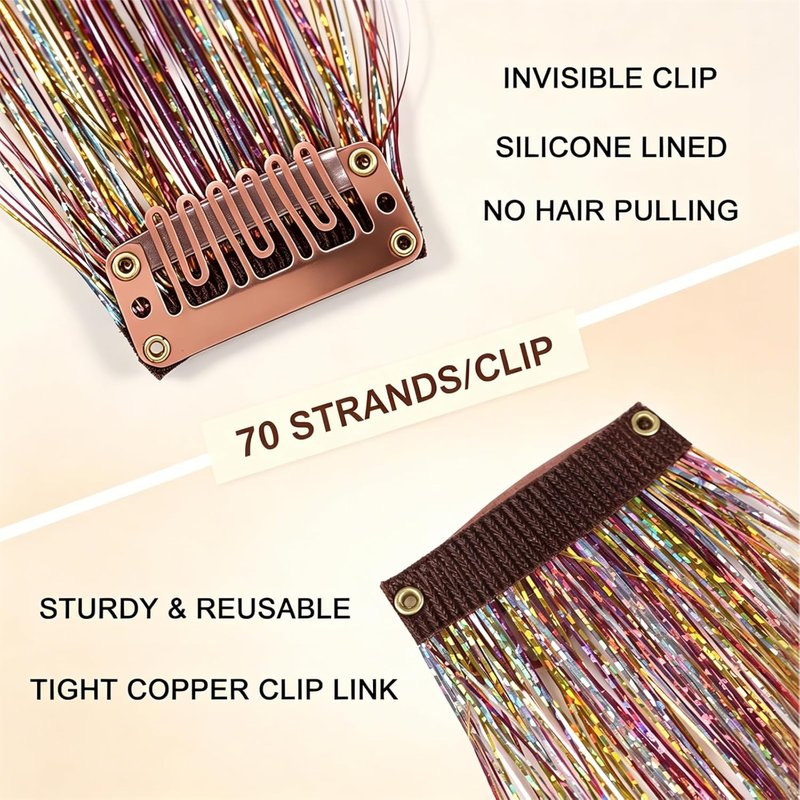 Solid Gold Hair Tinsel Clip-In Extensions - 23 Inch, 70 Strands | Heat Resistant Luxury Sparkle for Women & Teens