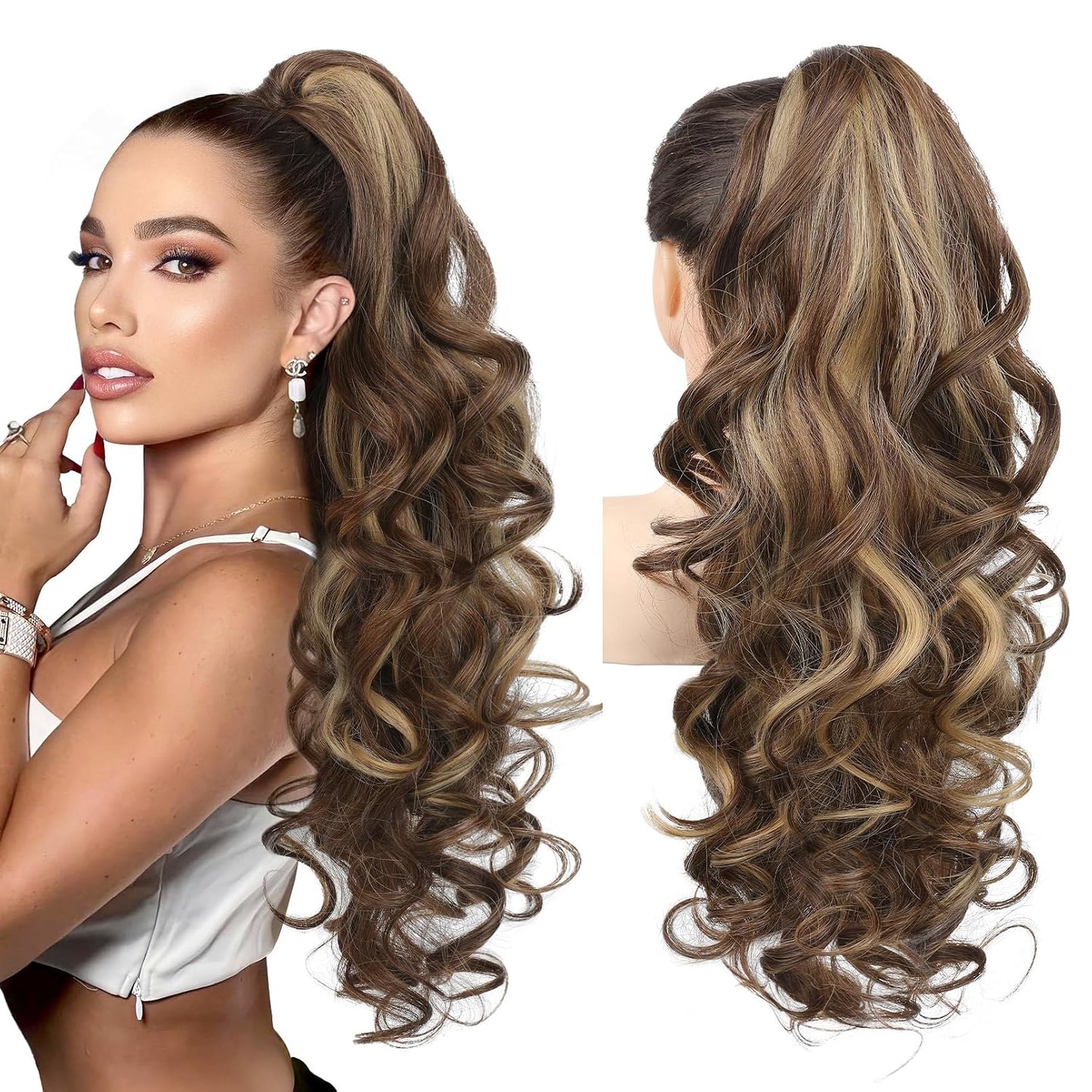 Ponytail Extension - 24" Claw Clip In Long Curly Wavy Hairpiece | Medium Blonde with Highlights