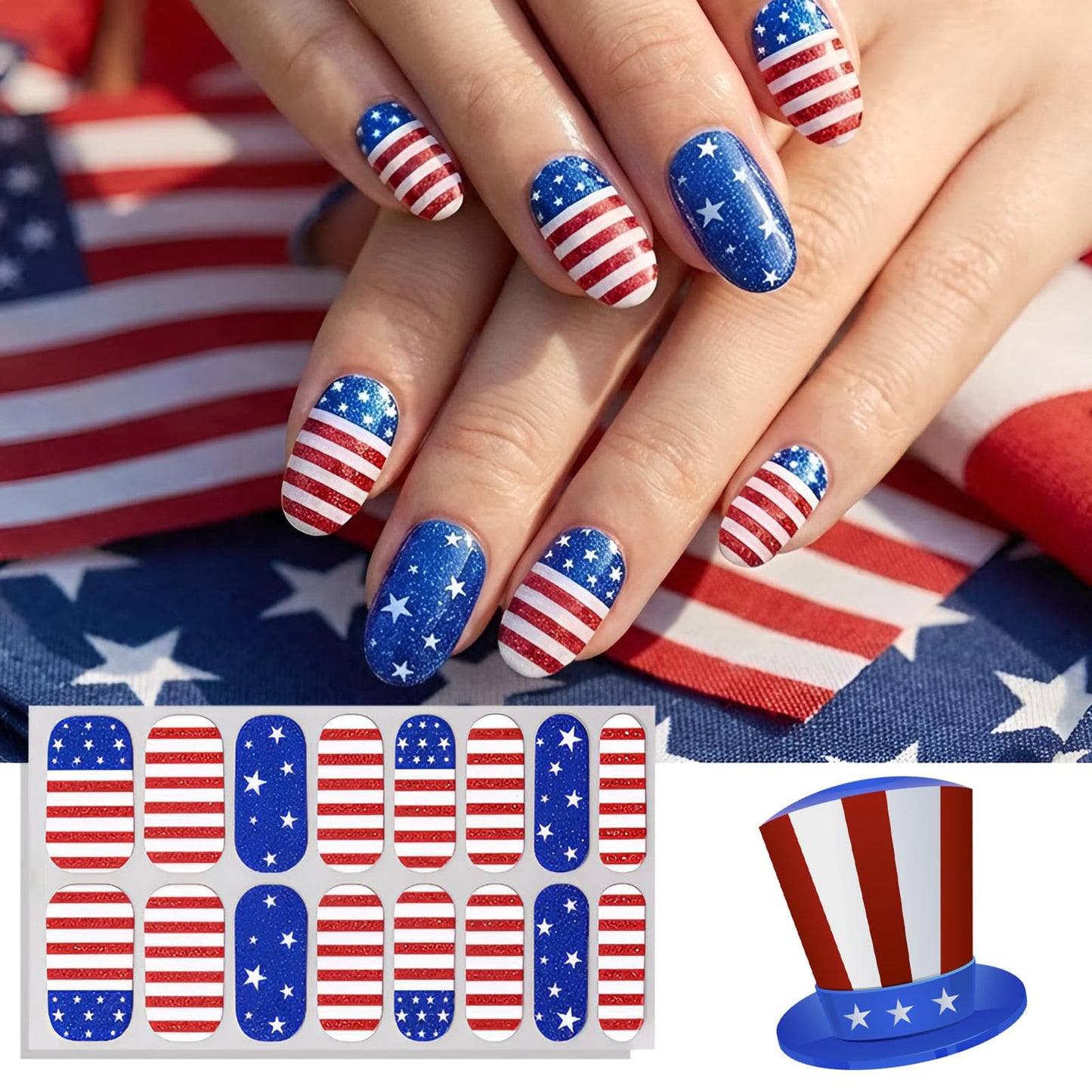 4 Sheets 4th of July Nail Wraps for Woman - Patriotic Full Cover Red White Blue Glitter Stars Stripes Self-Adhesive French Nail Polish Strips Independence Day Memorial Day Veterans Day Party Gift Set
