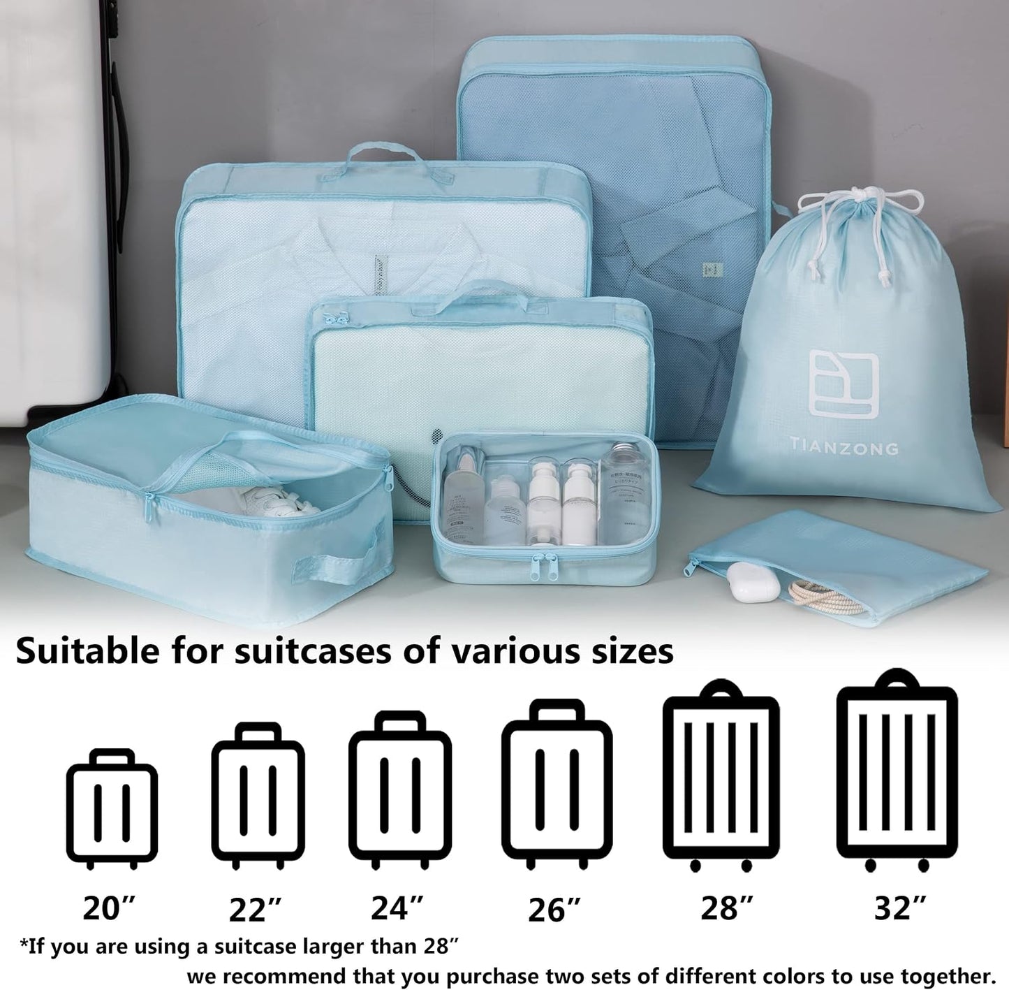 7-Piece Packing Cubes Set - Travel Organizers with Shoe & Toiletry Bag | Sky Blue