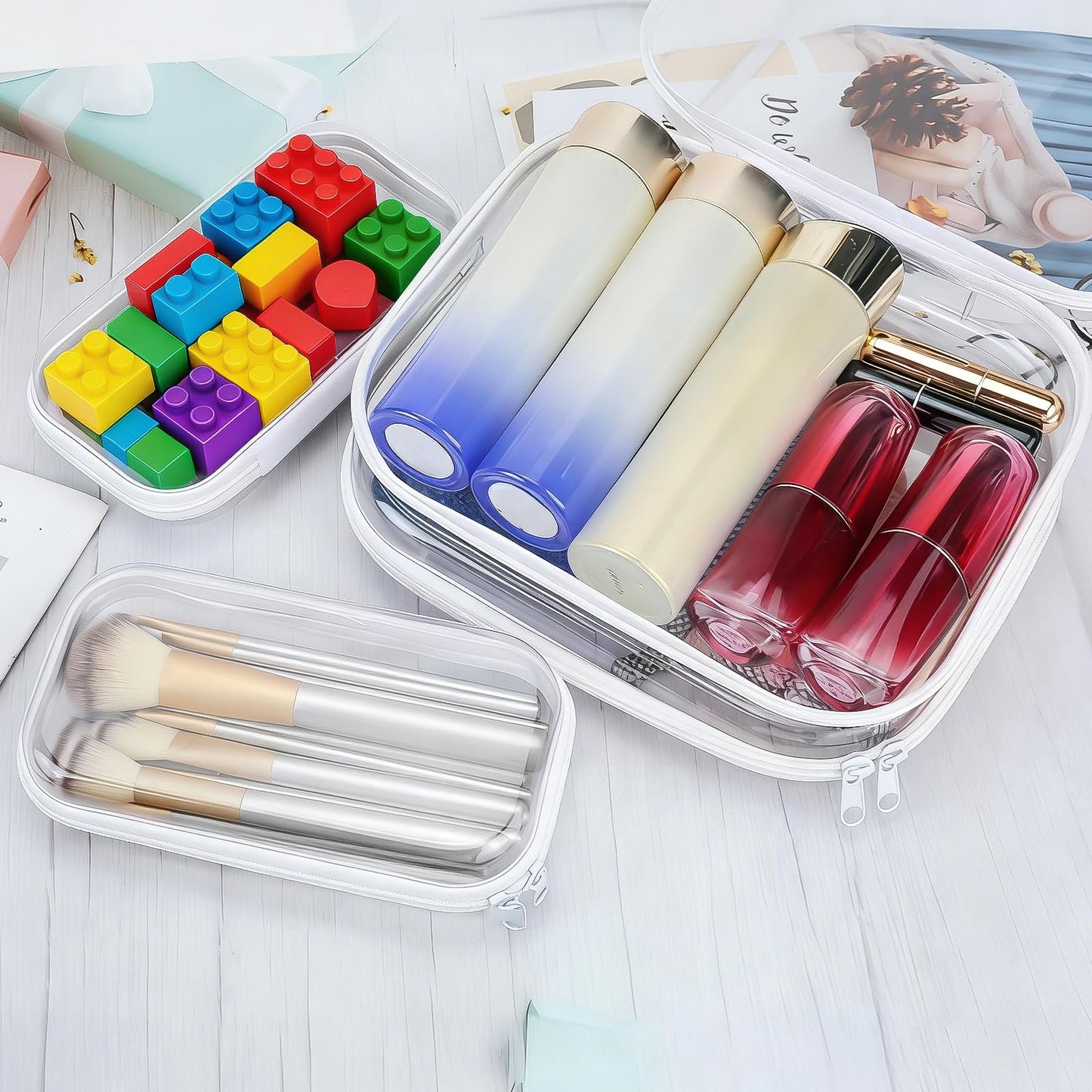 FHUIEWRY 4 Pcs Clear Hard Shell Zipper Case, Clear Zipper Pouches Makeup Box Hard Plastic Travel Toiletry & Cosmetic Bag Portable Travel Organizer Bins for Snacks, Blocks, Puzzles(2S+2M)