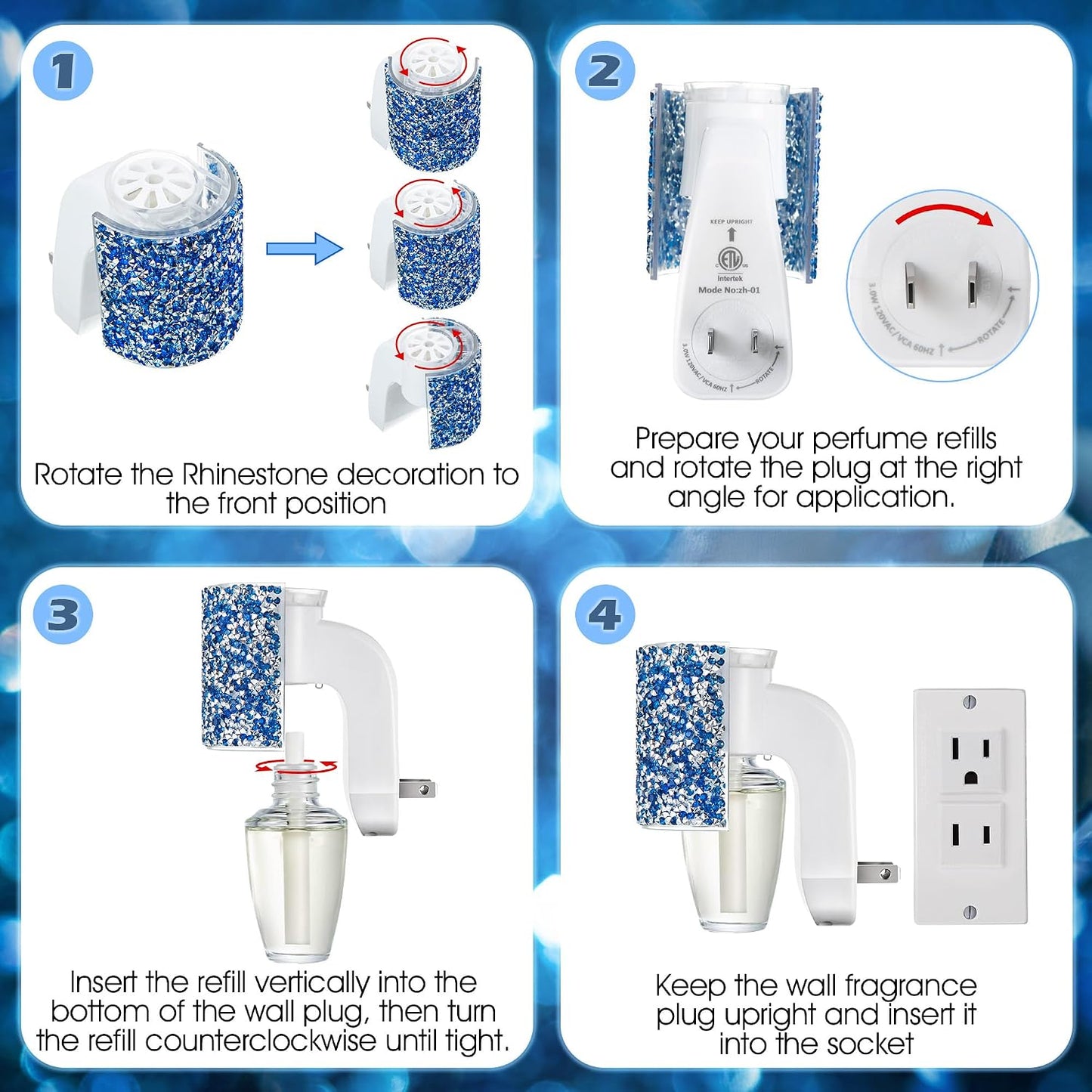 Wall Fragrance Plug-In with Night Light | Essential Oil Diffuser for Home & Office - Round Rhinestone (Royal Blue)