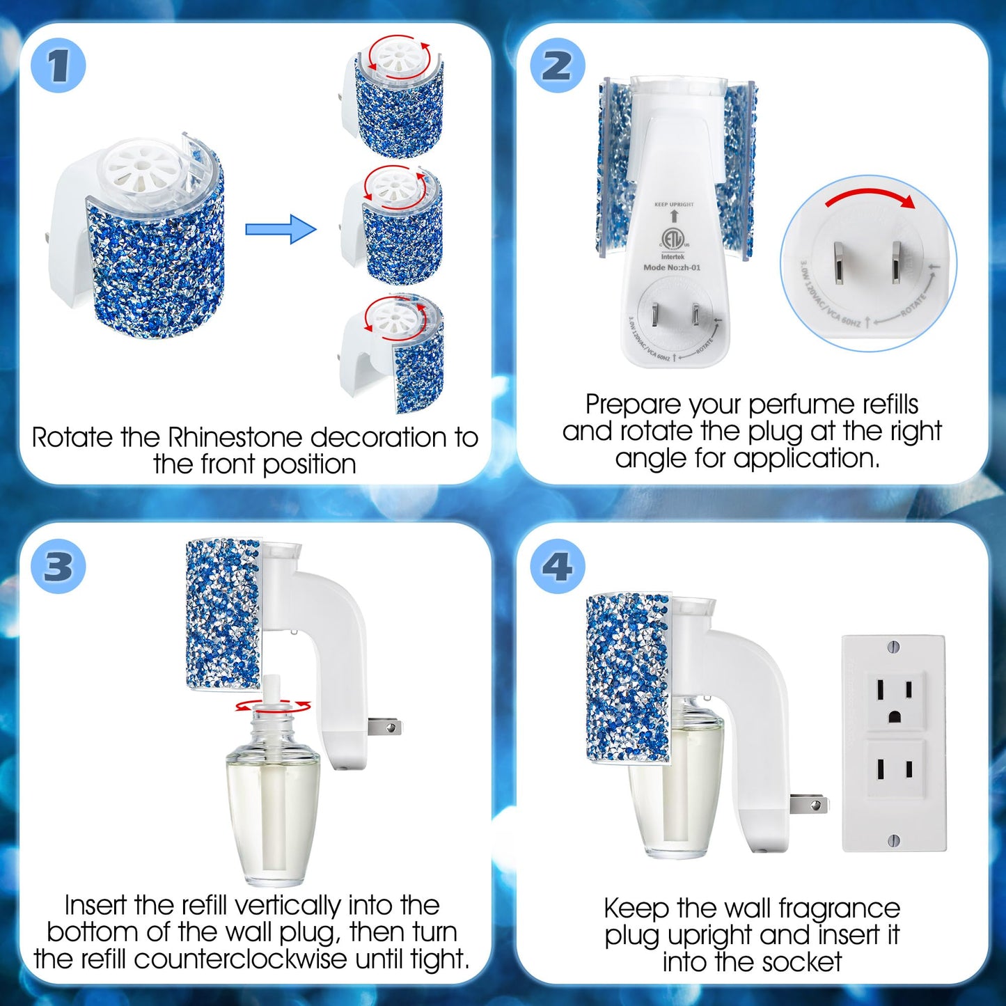 Hohean Wall Fragrance Plug in with Night Light, Compatible with Bath & Body Works WallFlower Fragrance, Wall Plug Essential Oil Diffuser with Nightlight for Home, Office, Round Rhinestone (Royal Blue)