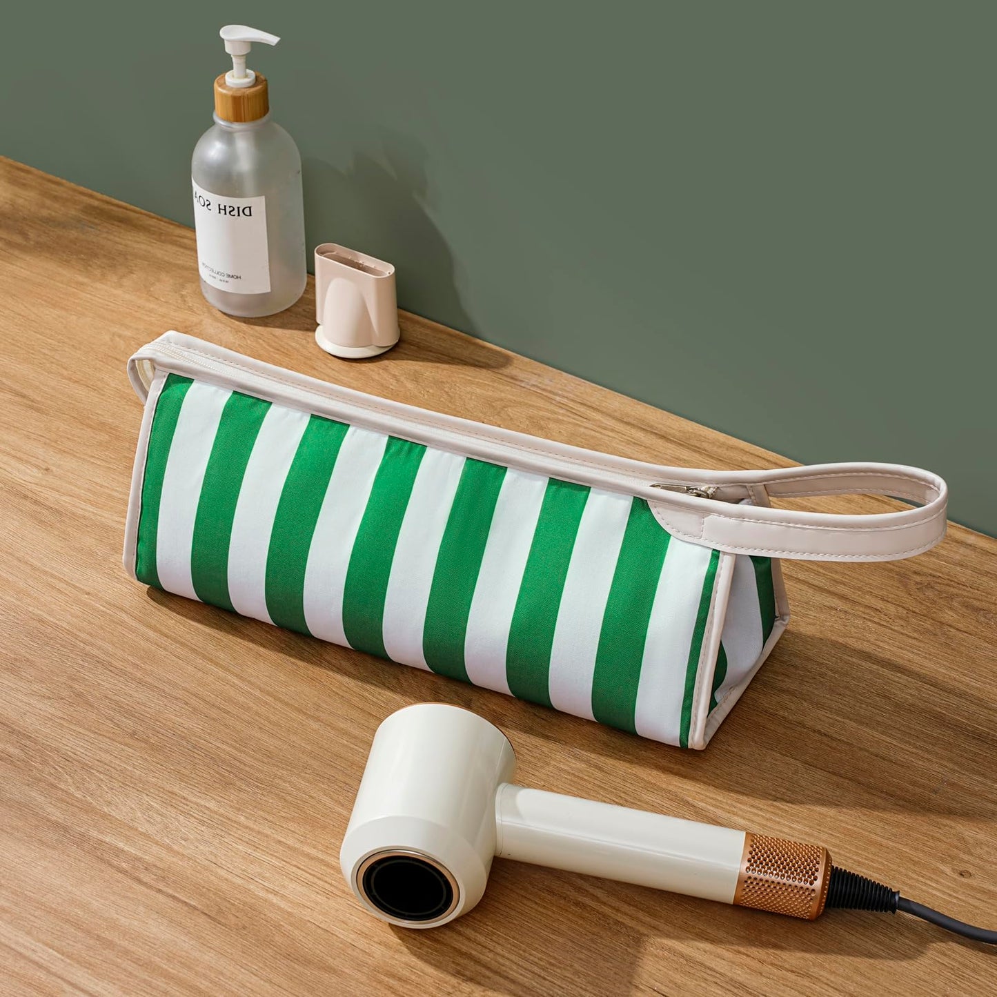 RSRSLEII Striped Hair Tools Travel Bag,Waterproof Hair Styling Accessories Storage Case for Hair Dryer，Flat Irons,Straightener,Curling Iron,Hot Hair Tool Organizer with Dividers（05Green）