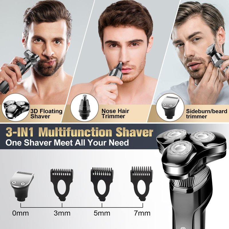 Electric Razor for Men IPX7 Waterproof Detachable Head Shaver,3D Electric Razor for Men, 3 in 1 Wet/Dry Rechargeable LED Shaving Kit (Matte Black)