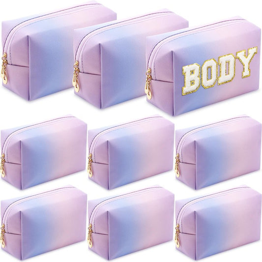 Sanwuta 9 Pcs Makeup Bags Bulk PU Double Zippers Cosmetic Bag Makeup Toiletry Small Pouch Portable Travel Organizers Case for Women Bridesmaid Proposal Gifts(Laser Purple)
