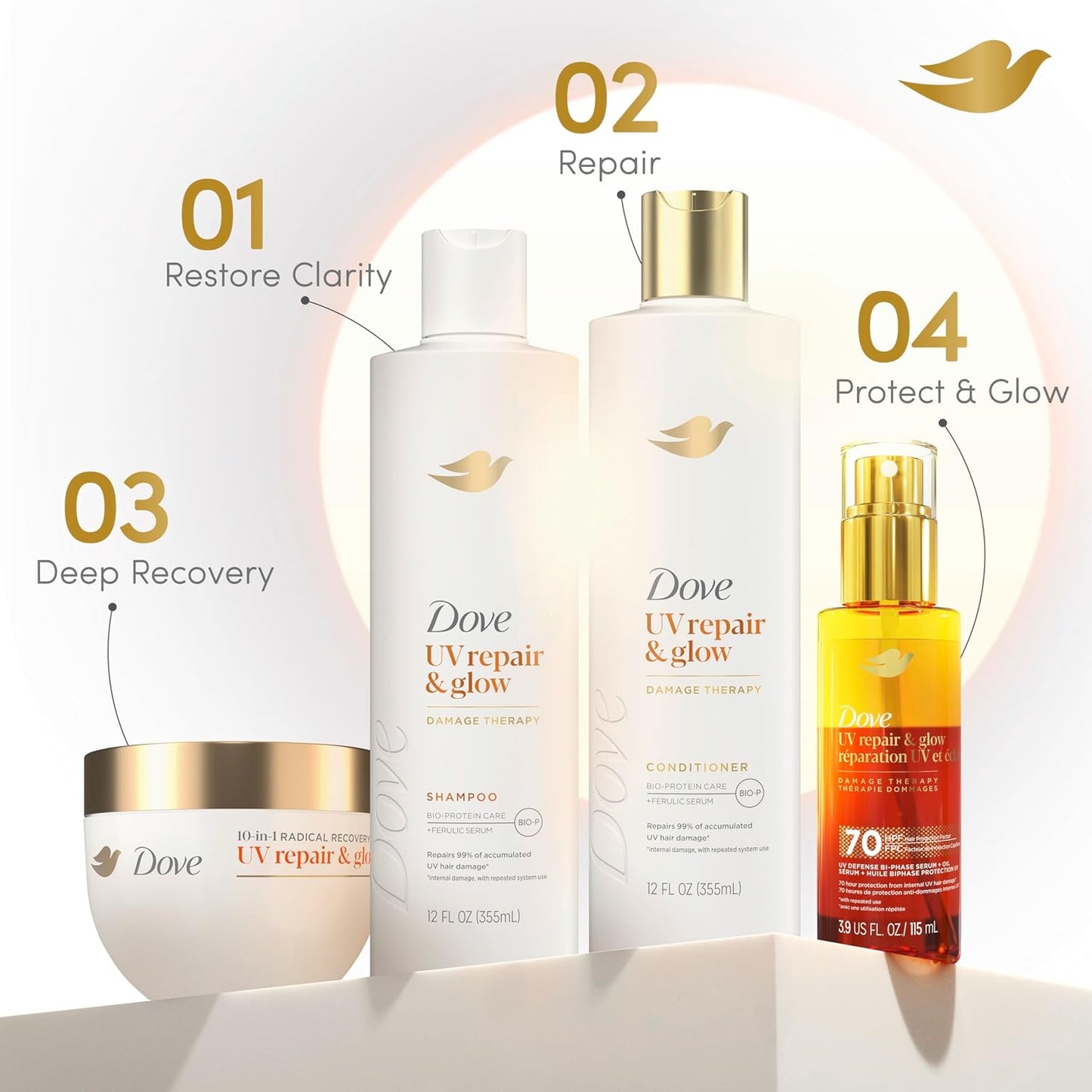 Dove Damage Therapy Bi-Phase Serum & Oil - UV Repair & Glow, 3.9 fl oz | 70-Hour Hair Protection