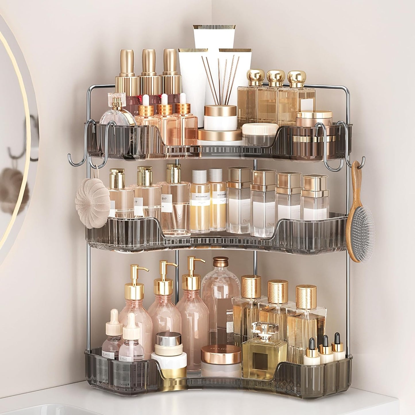 Corner Bathroom Counter Organizer - 3-Tier Storage Shelf with Hooks for Makeup & Skincare | Clear