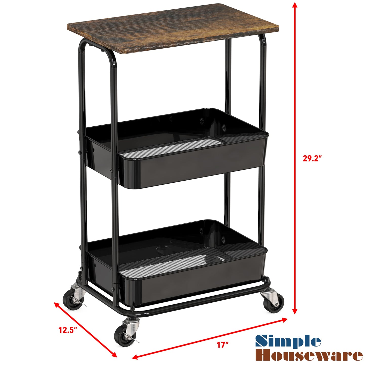 Simple Houseware 2-Tier Rolling Utility Cart with Lockable Wheels and Wood Top, Metal Storage Organizer Trolley for Kitchen, Bathroom, Office, Craft Room, Rustic Brown