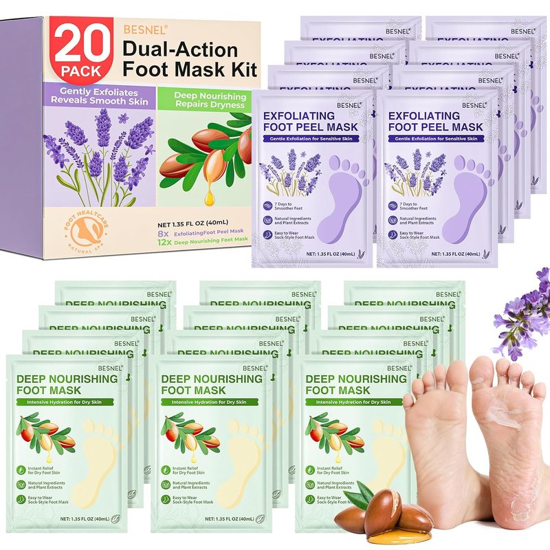 Moisturizing Foot Mask Set - 12 Pack Hydrating & 8 Pack Peeling | Repair Dry Cracked Feet & Soften Heels