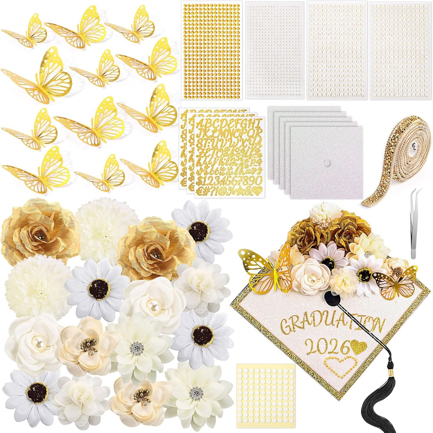 DIY Graduation Cap Decorations Kit - 43 PCS with Faux Flowers, 3D Butterflies & Rhinestone Stickers | Perfect for 2026 Grad Party (White)