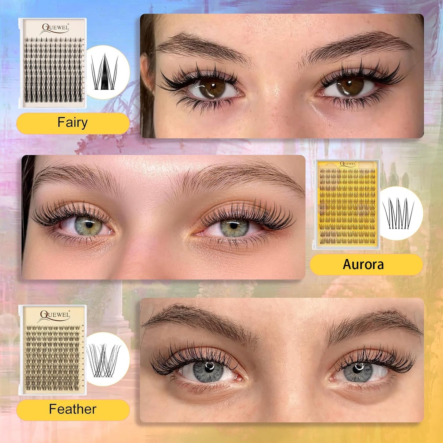 QUEWEL Natural Lash Clusters Kit Soft 120Pcs Aurora Lash clusters Invisible Band Lightweight C Curl 8-16MM Eyelash Extension Kit with Eyelash Clusters Bond and Seal Tweezers for Daily Wear (Aurora)