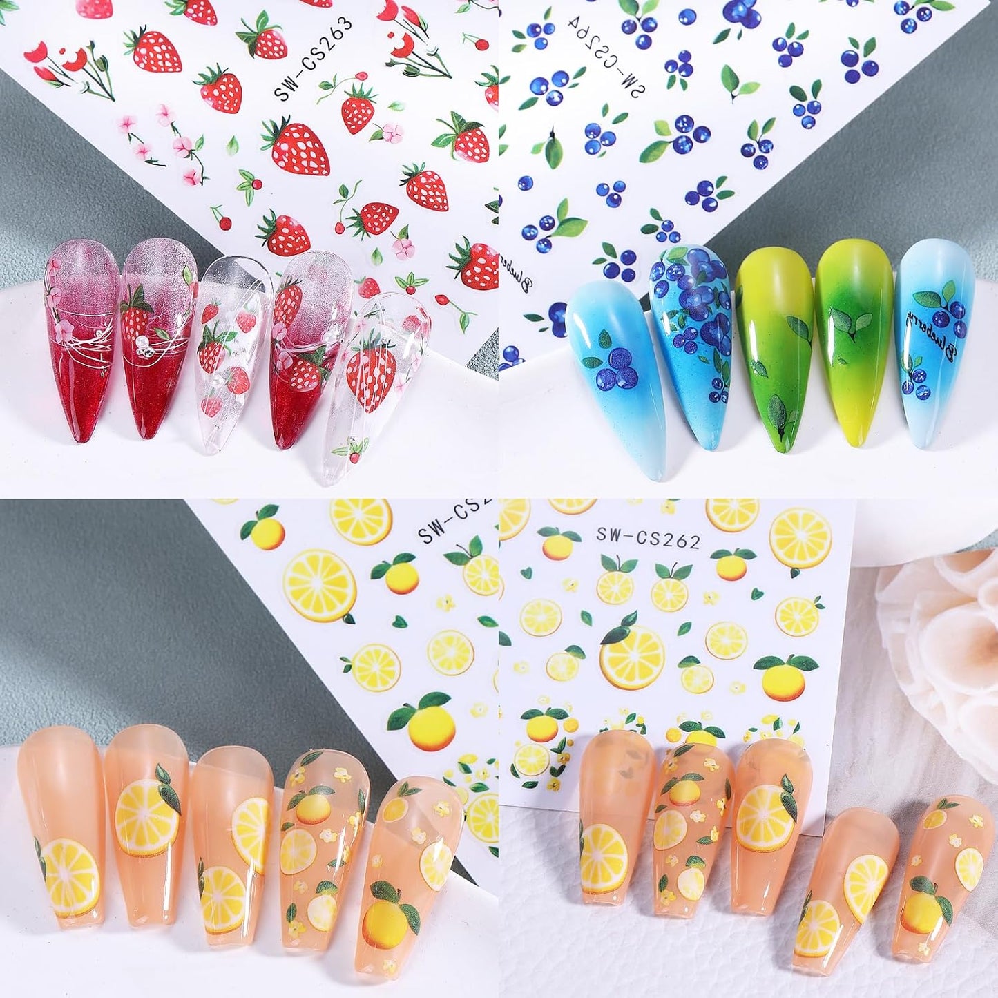 3D Summer Nail Art Stickers - Cute Fruit Decals for DIY Manicure | 5 Sheets of Lemon, Strawberry & Blueberry Designs