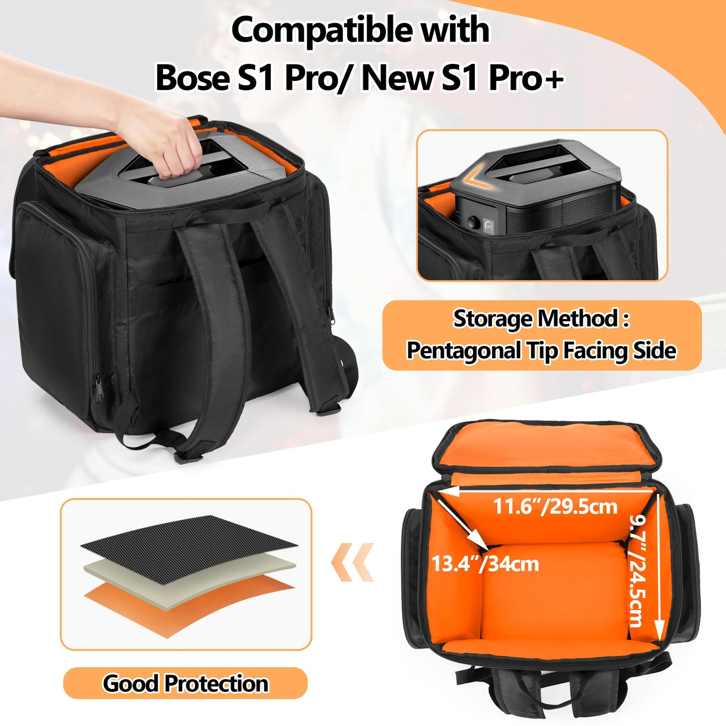 CURMIO Travel Carrying Case Backpack Compatible with Bose S1 Pro/ S1 Pro+ Portable Bluetooth Speaker, Bluetooth Speaker Bag with Shoulder Straps for Microphone, Charger, Cable (Patent Pending)