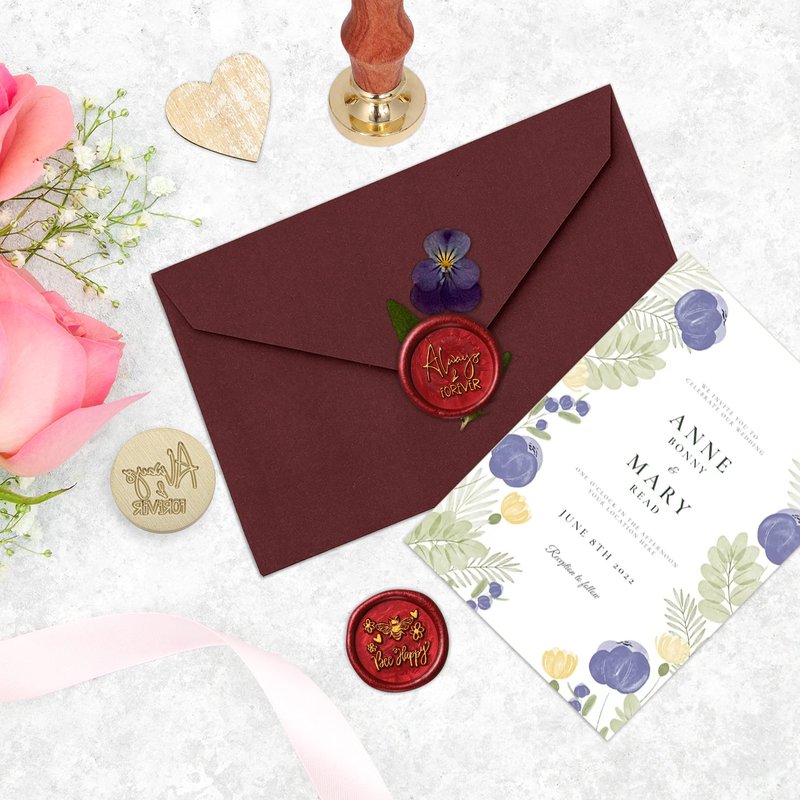 Yoption Wax Seal Stamp Gift Box Kit, 6 Pieces Blessing Sealing Wax Stamp Heads with 1 Wooden Hilt Set, Wax Stamp Kit for Envelopes Invitation Card Gift Decoration (Phrases Series)
